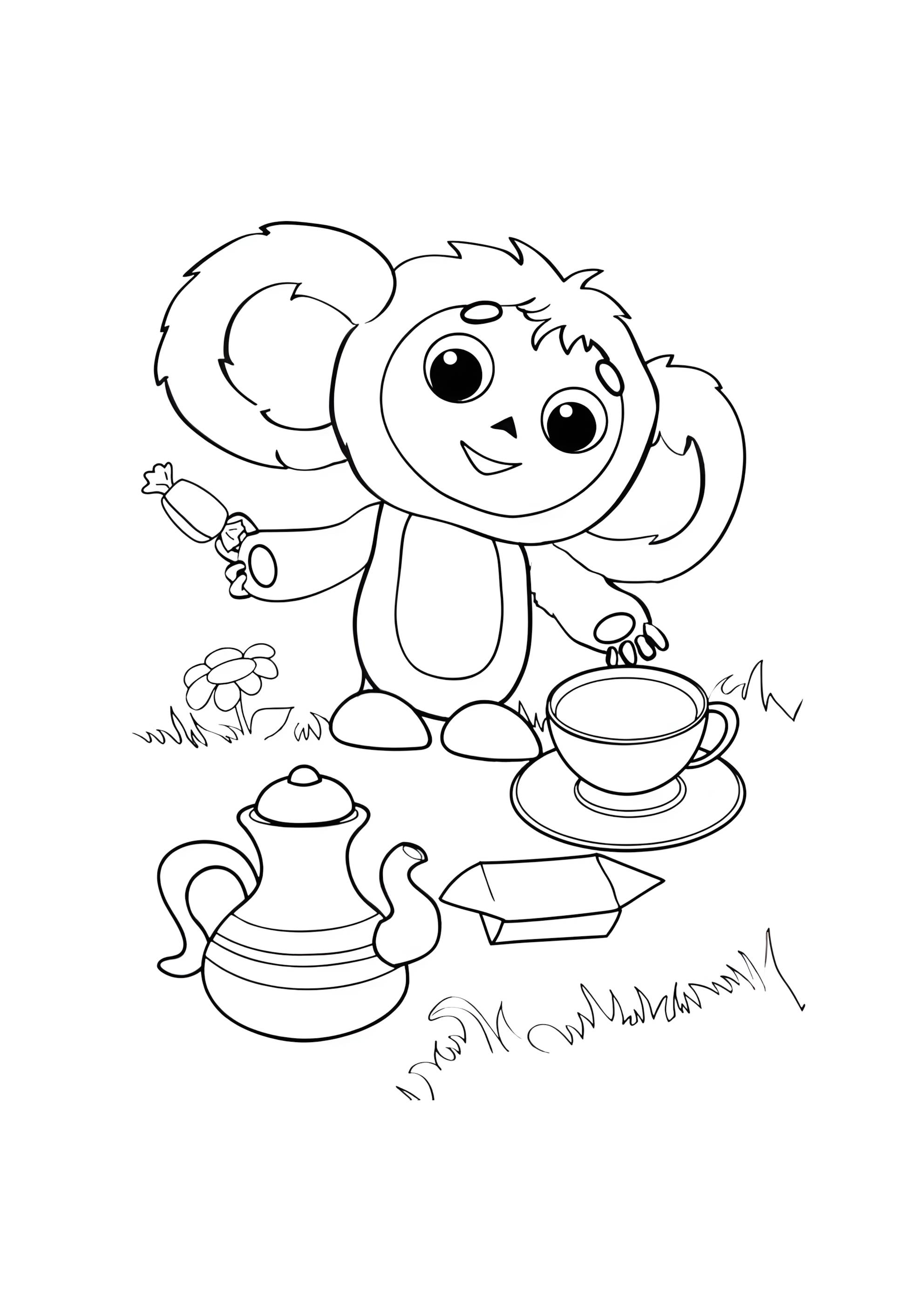 Раскраска Чебурашка и чаепитие