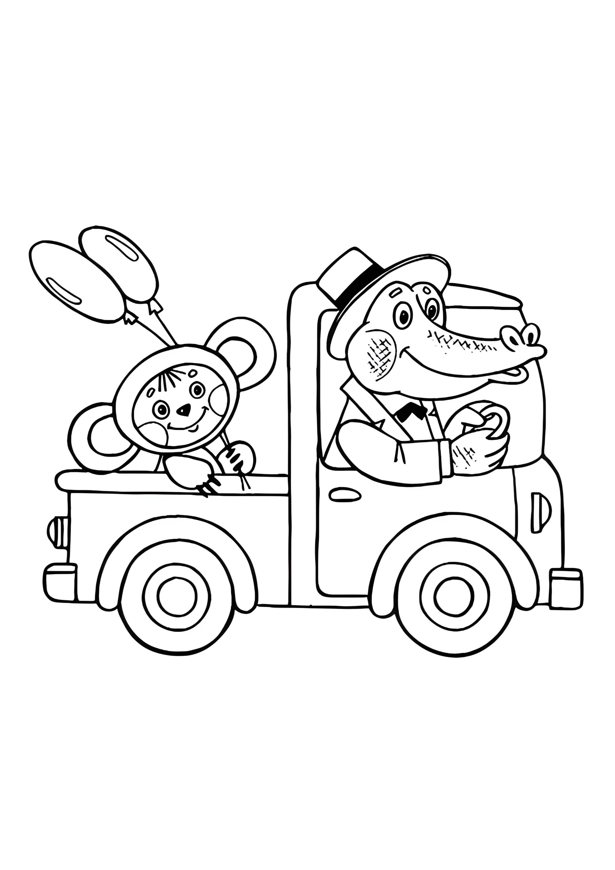 Раскраска Чебурашка и Гена на машине