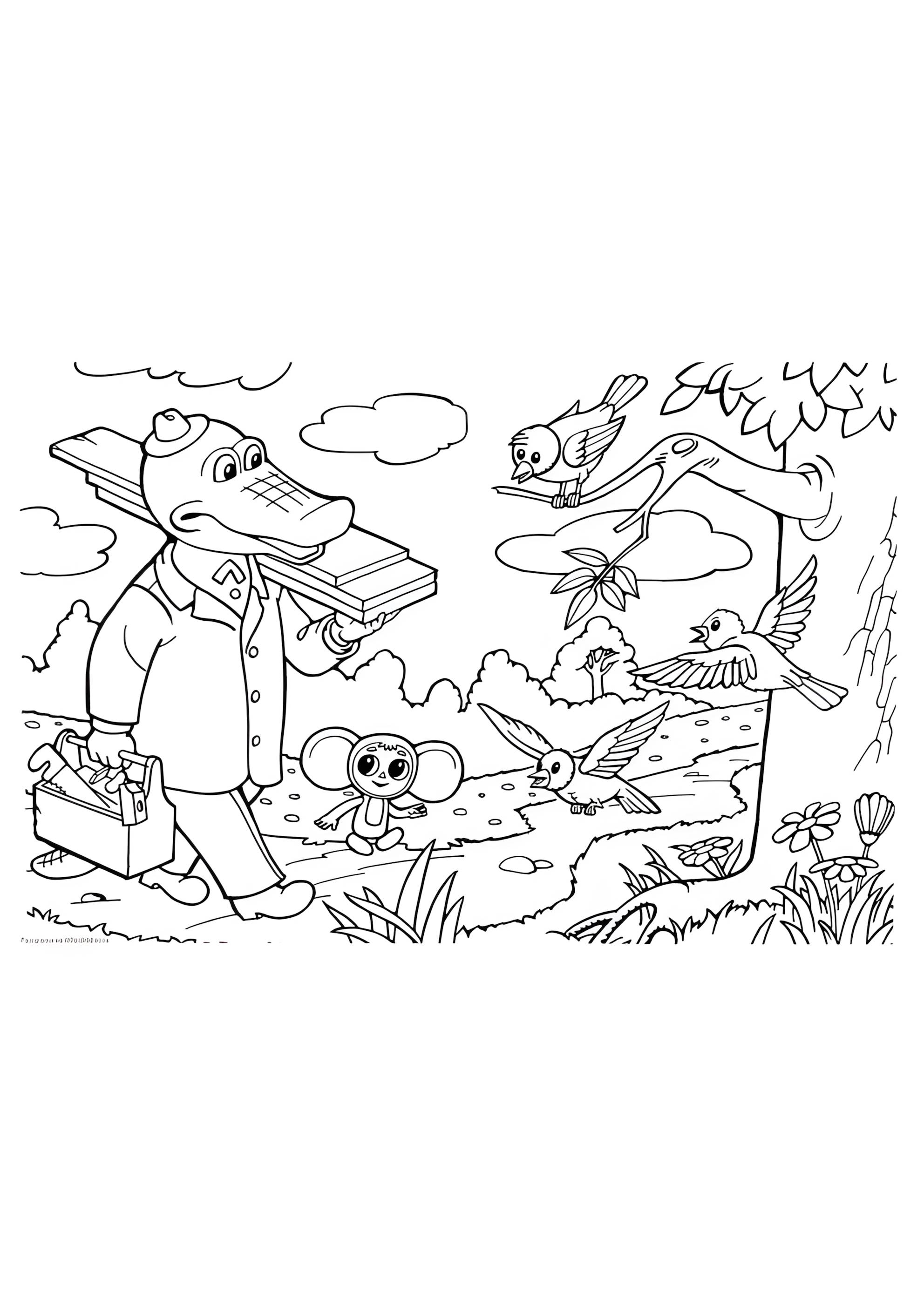 Раскраска Чебурашка и Гена в лесу