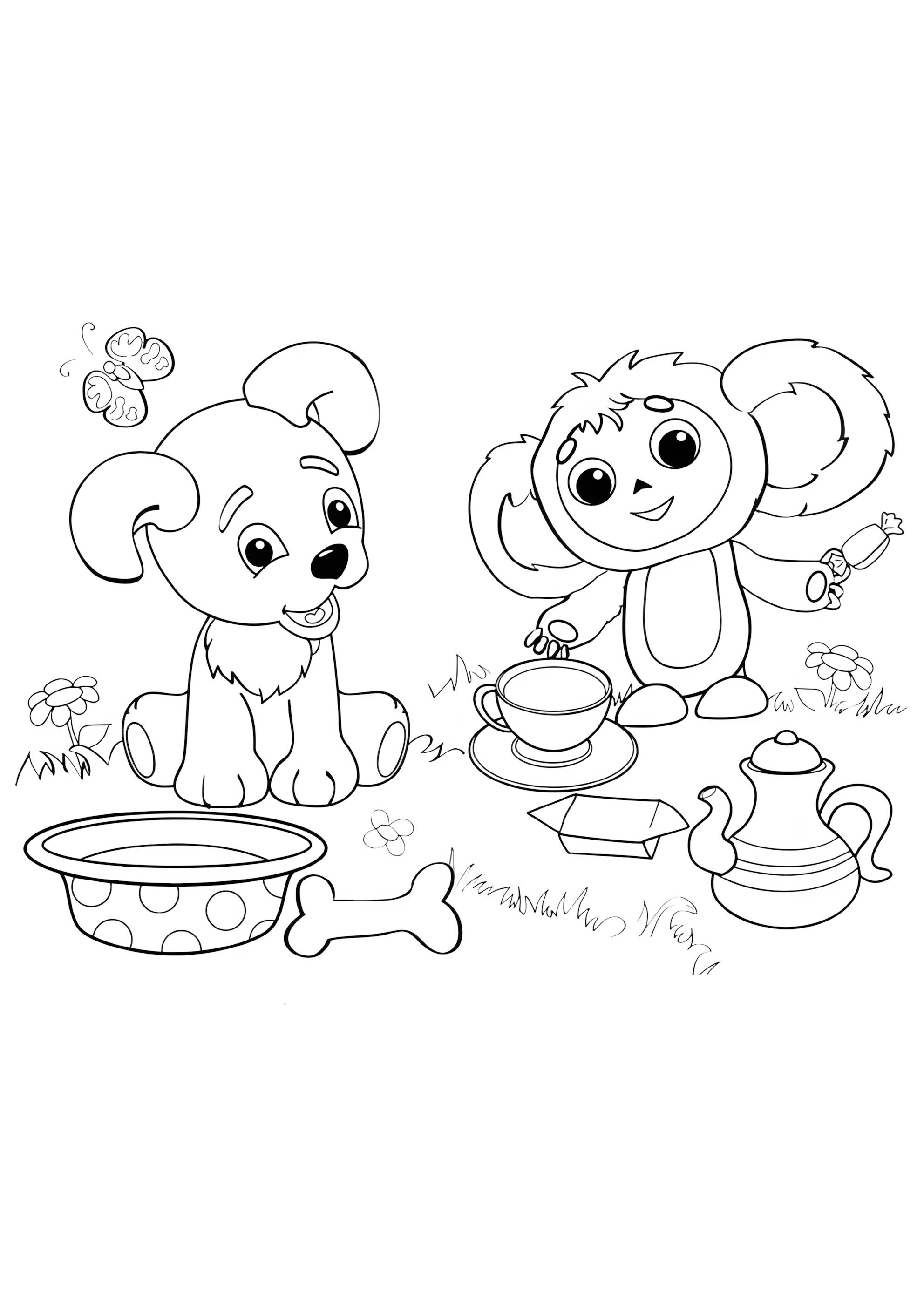 Раскраска Чебурашка и Песик