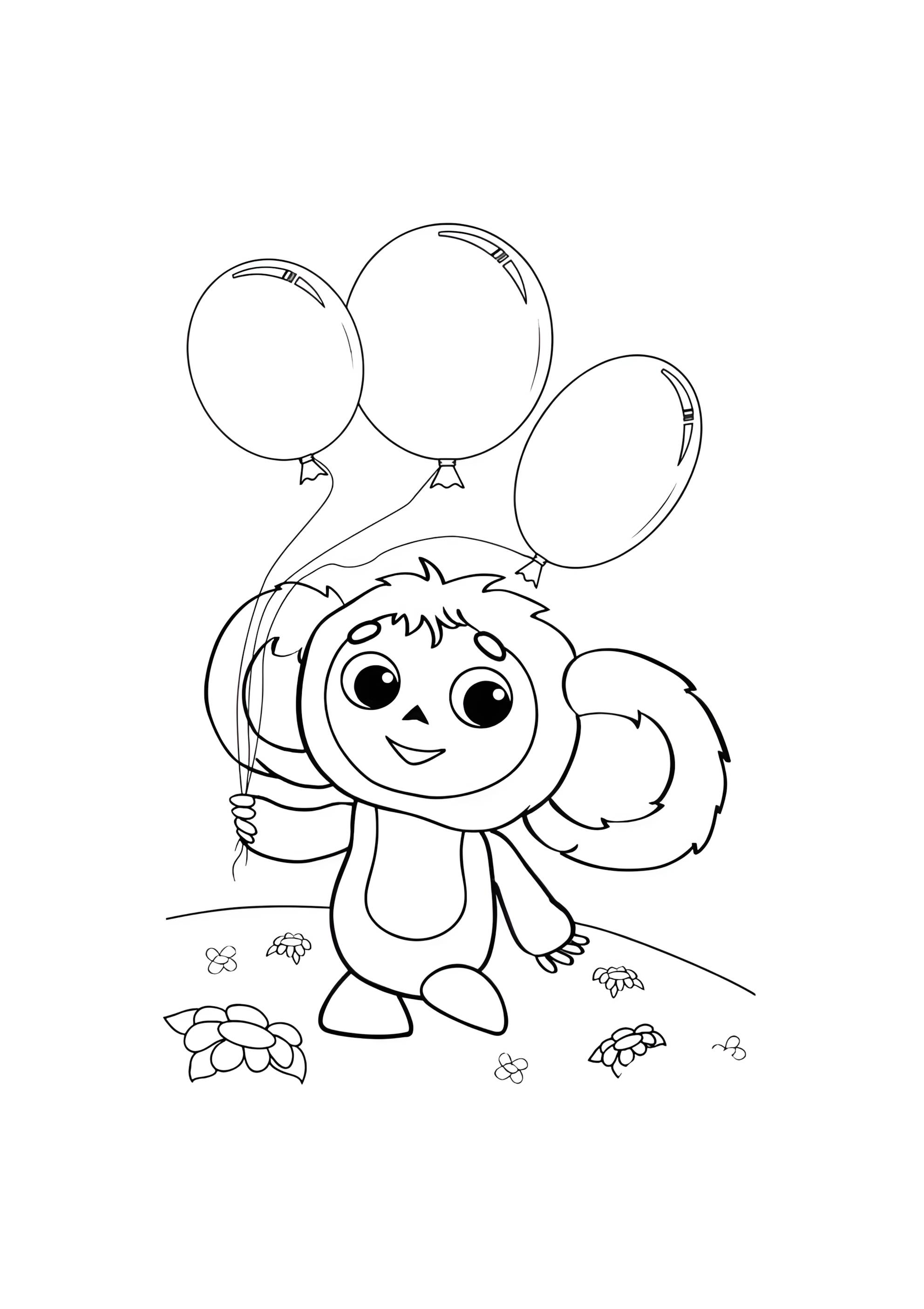 Раскраска Чебурашка и воздушные шары