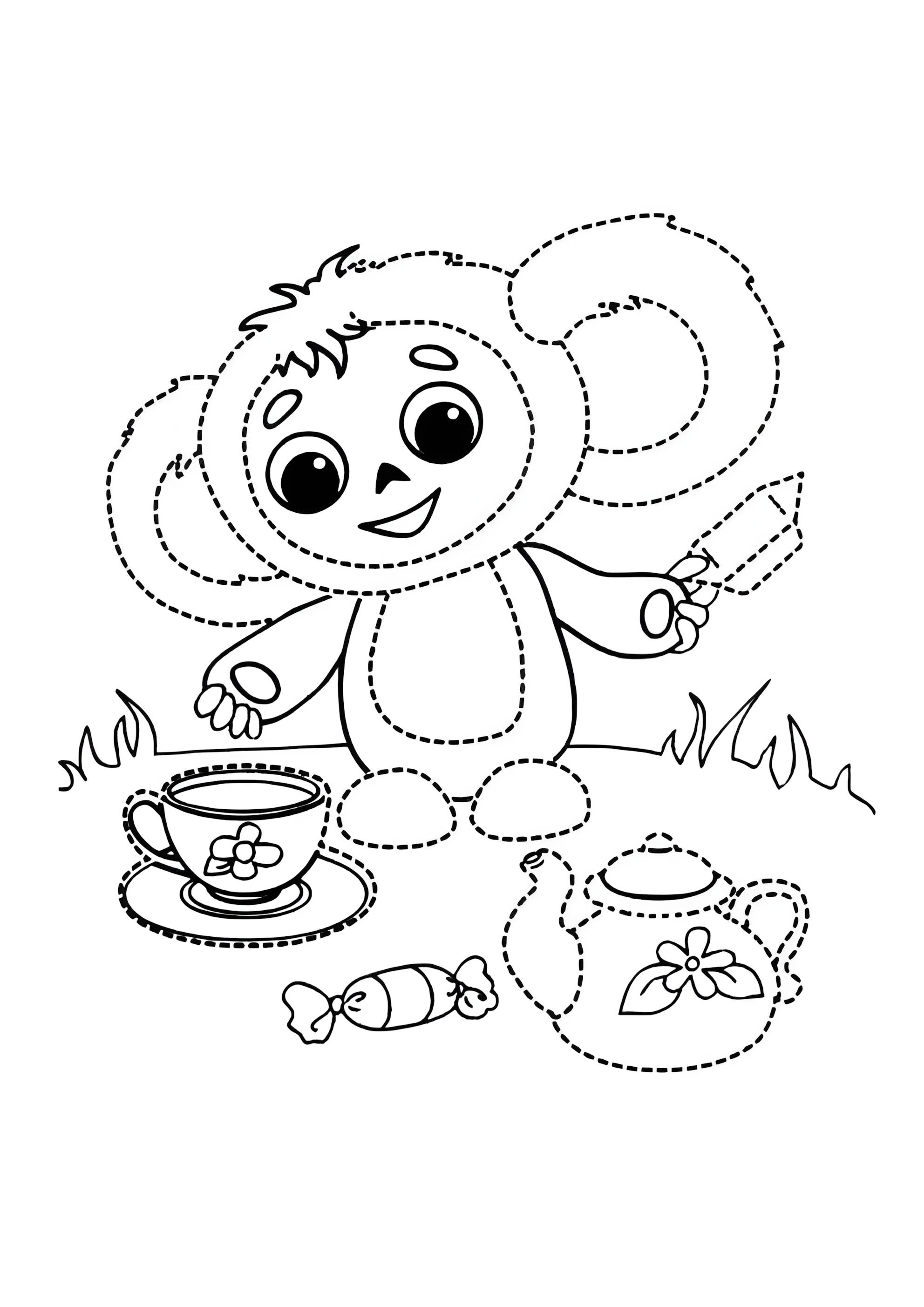 Раскраска Чебурашка пьет чай