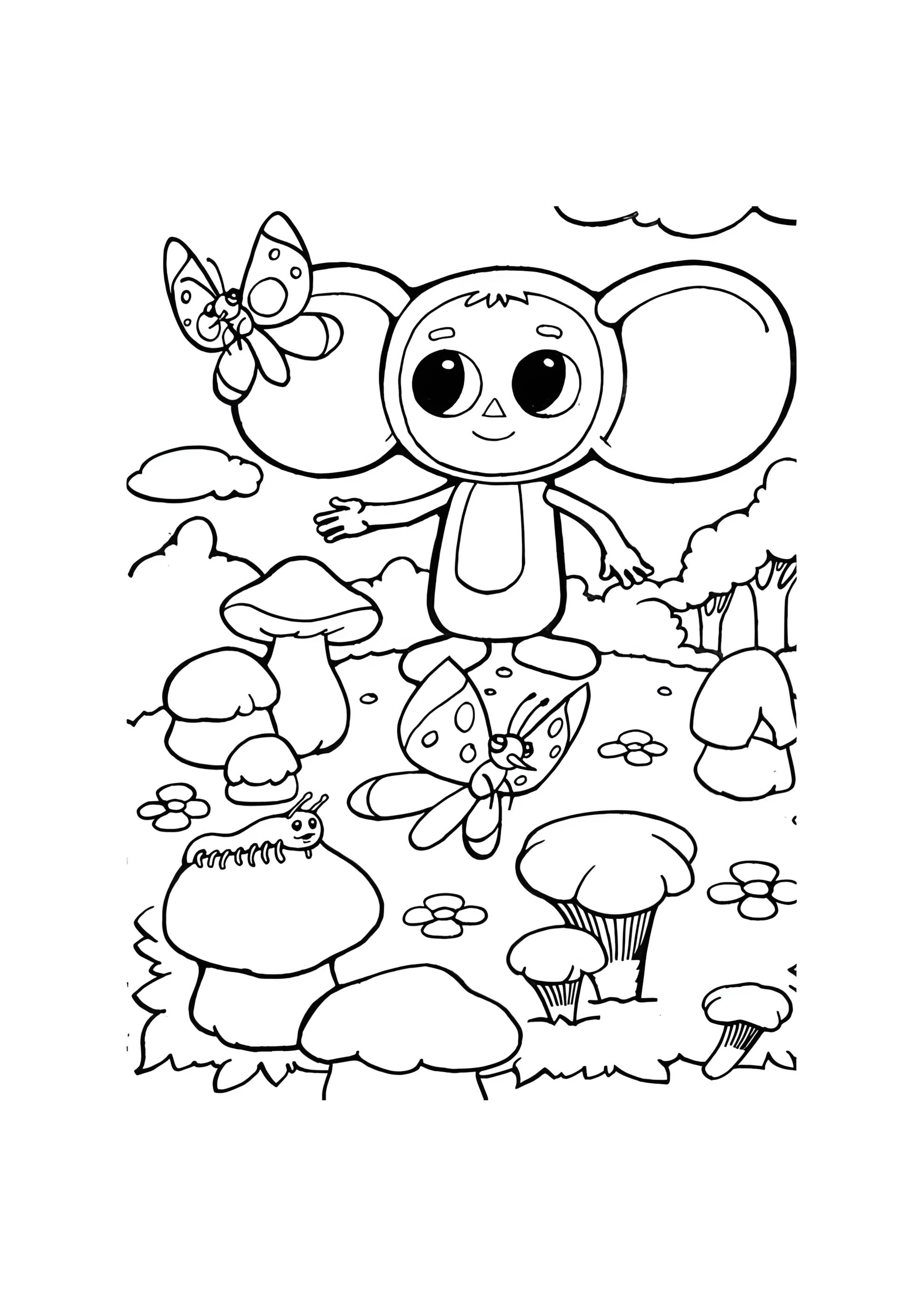 Раскраска Чебурашка с бабочками