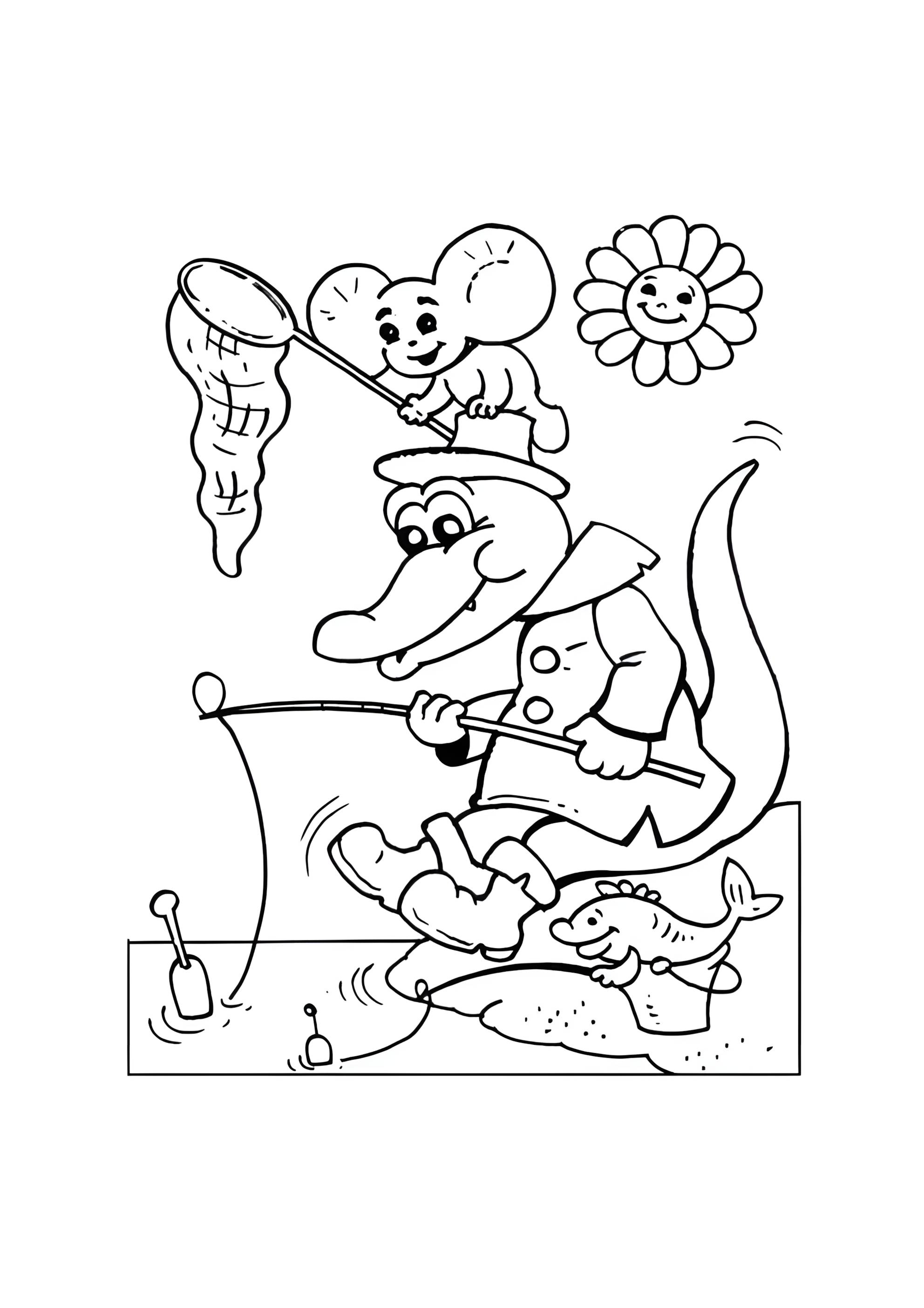 Раскраска Гена и Чебурашка на рыбалке