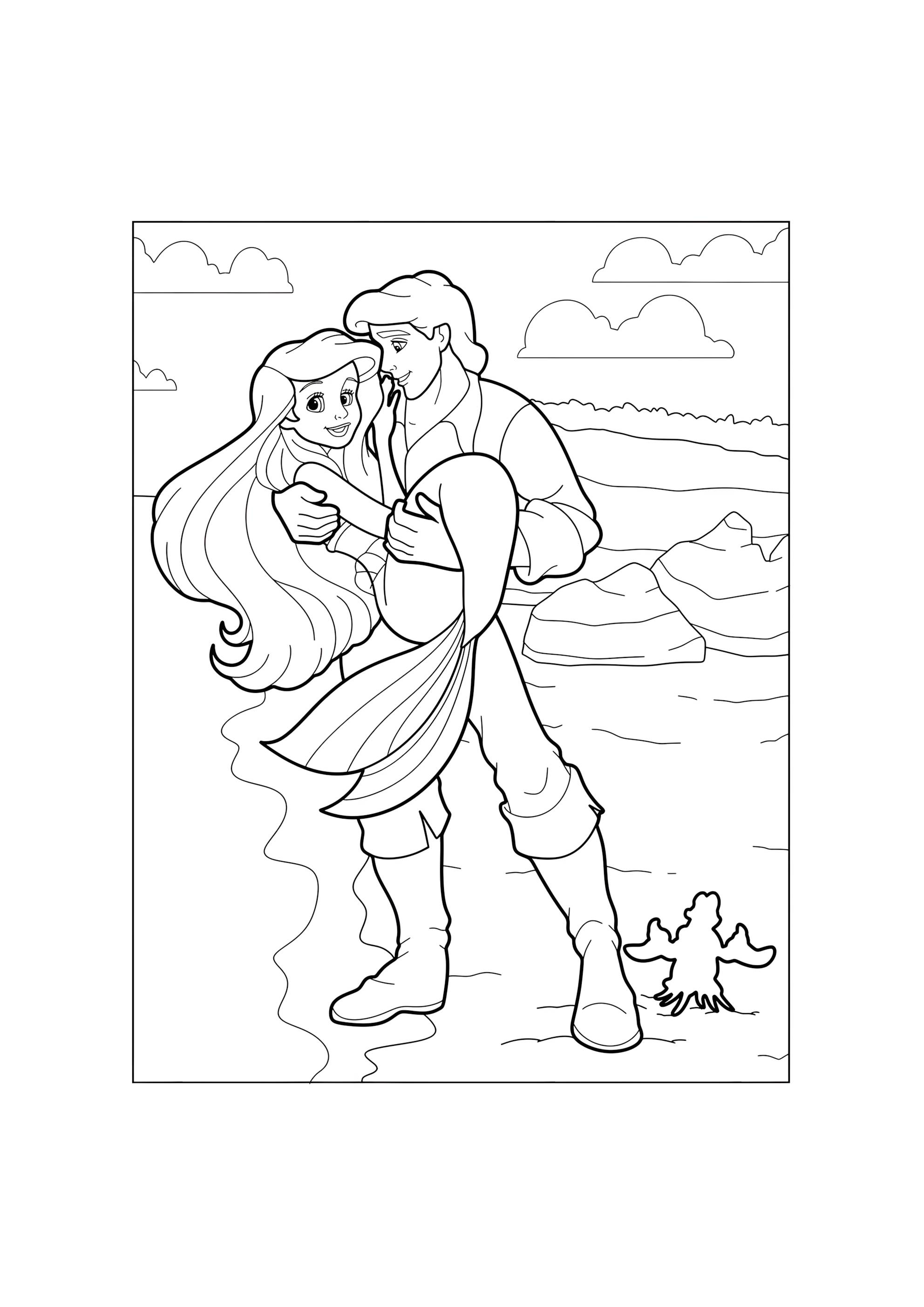 Раскраска Ариэль на руках у принца