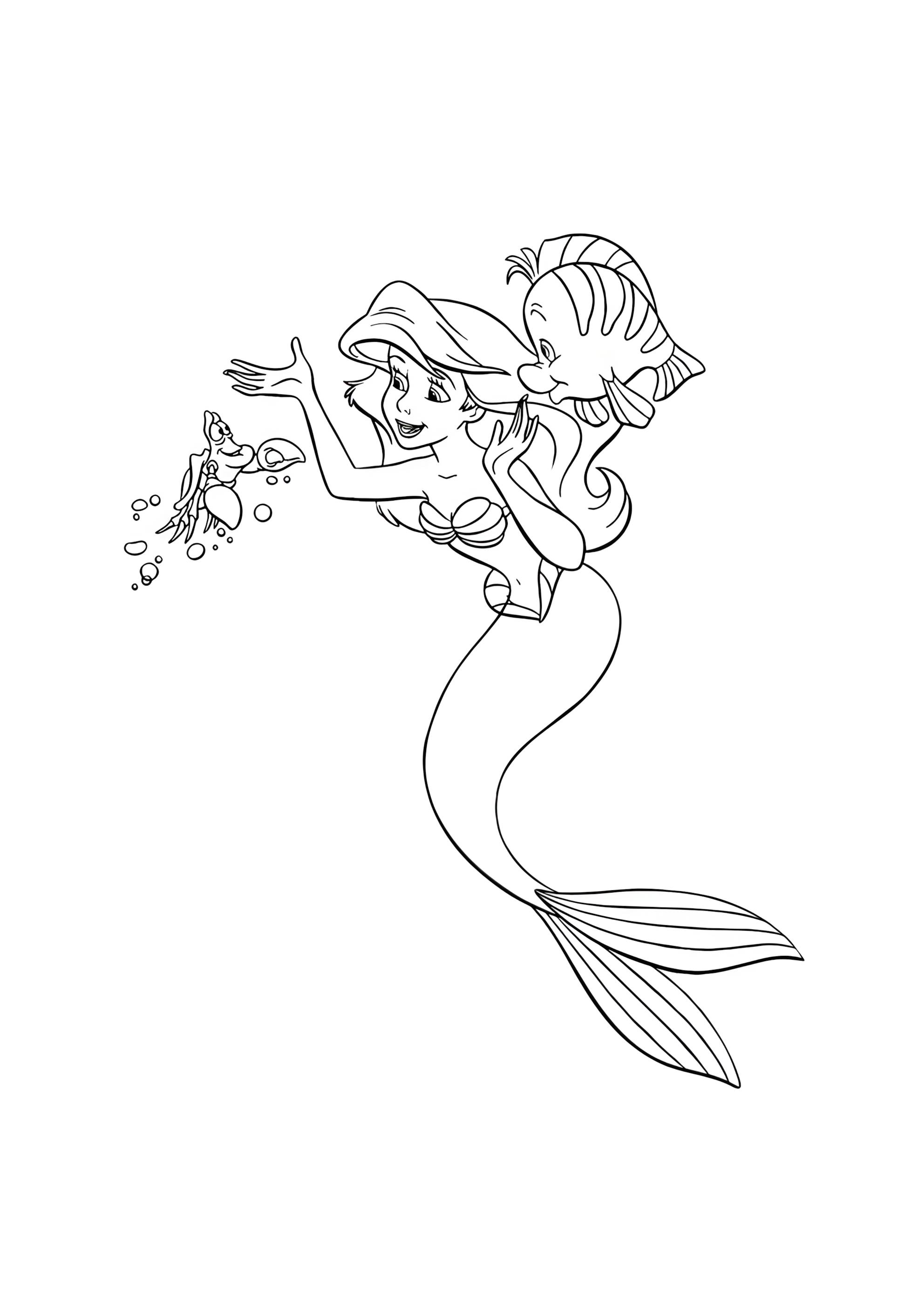 Раскраска Ариэль, рыбка Флаундер и краб