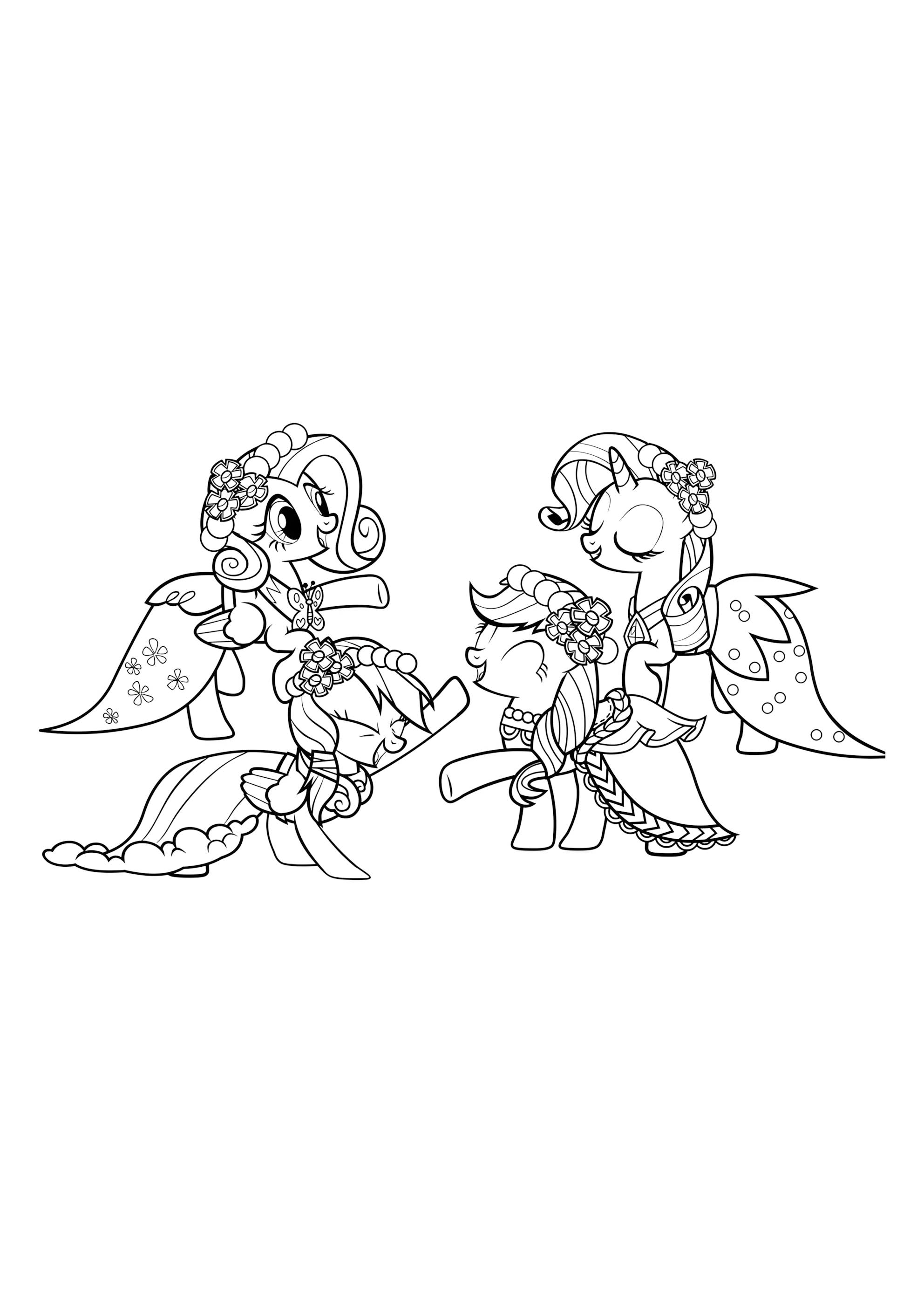 Раскраска Флаттершай, Рарити, Радуга Дэш и Эпплджек