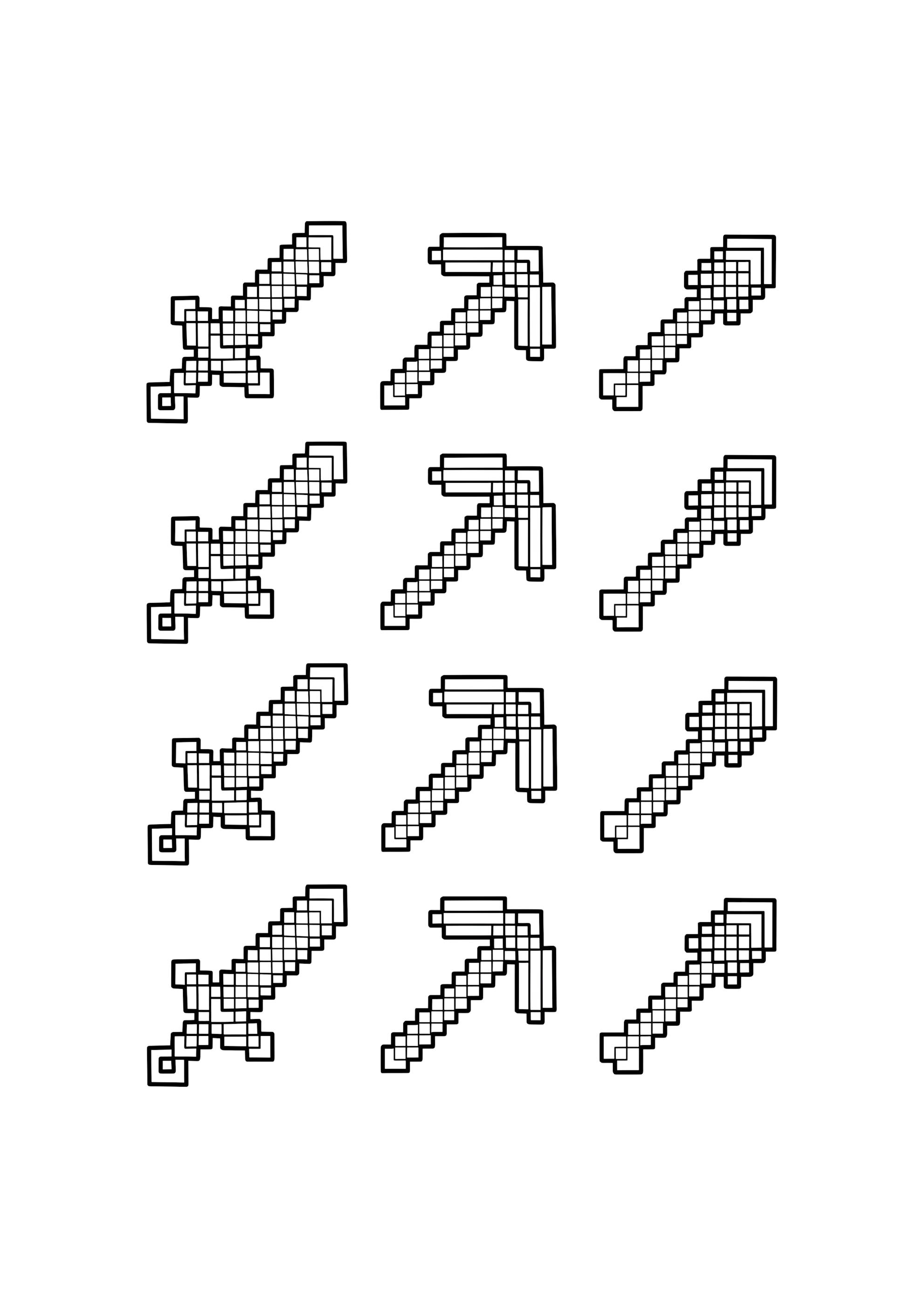 Раскраска Майнкрафт меч, кирка и лопата