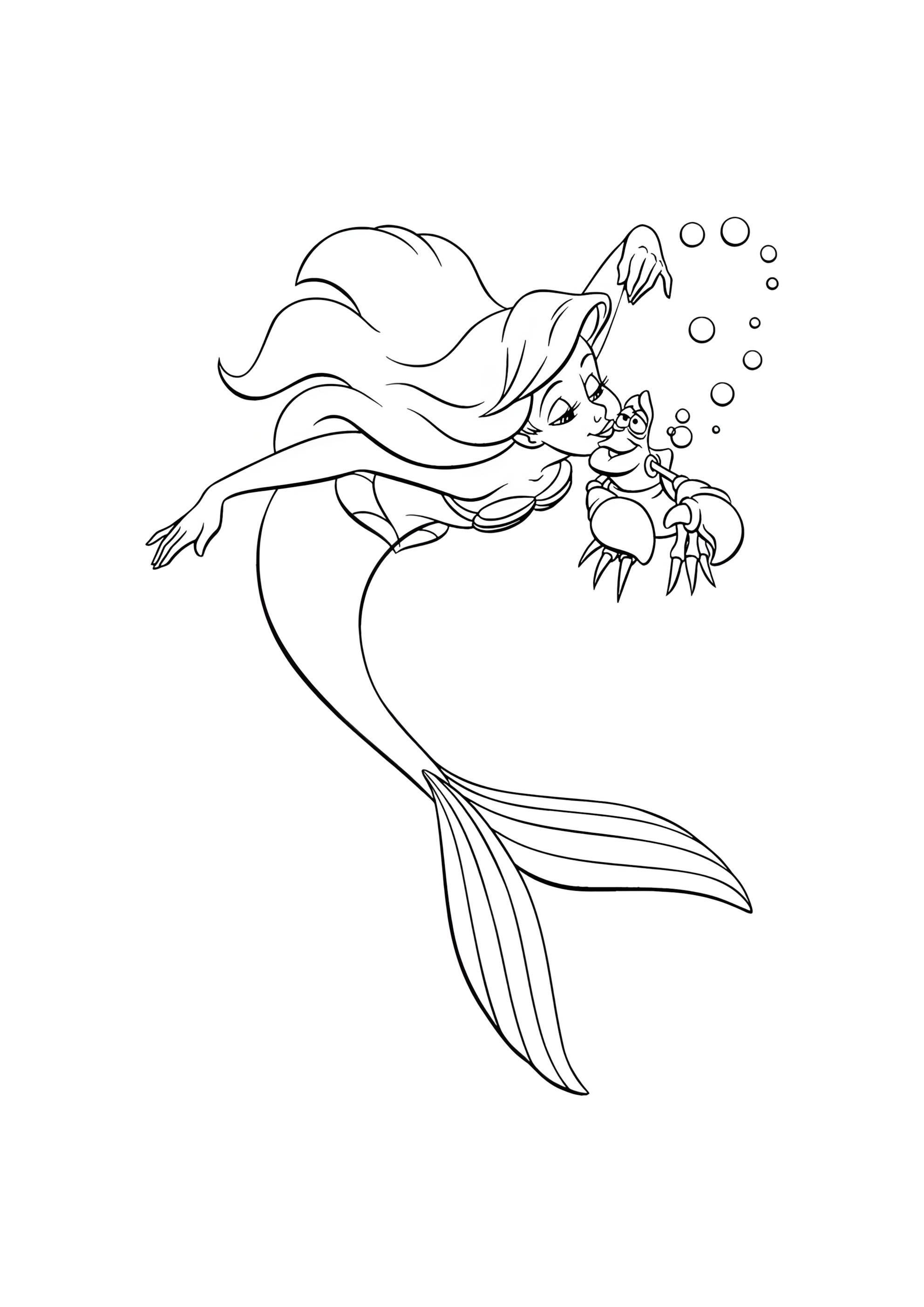 Раскраска Русалочка Ариэль целует Себастьяна