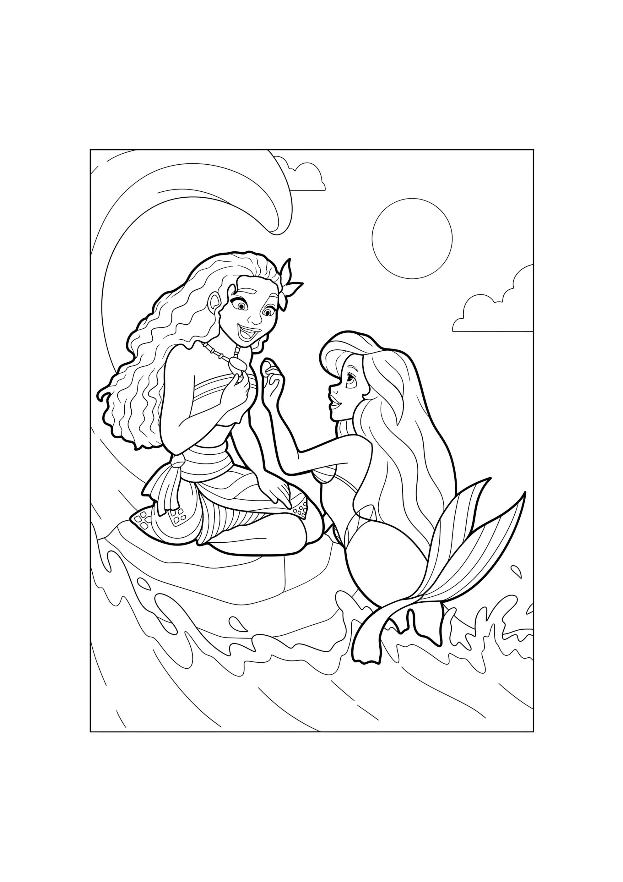 Раскраска Русалочка Ариэль и Моана