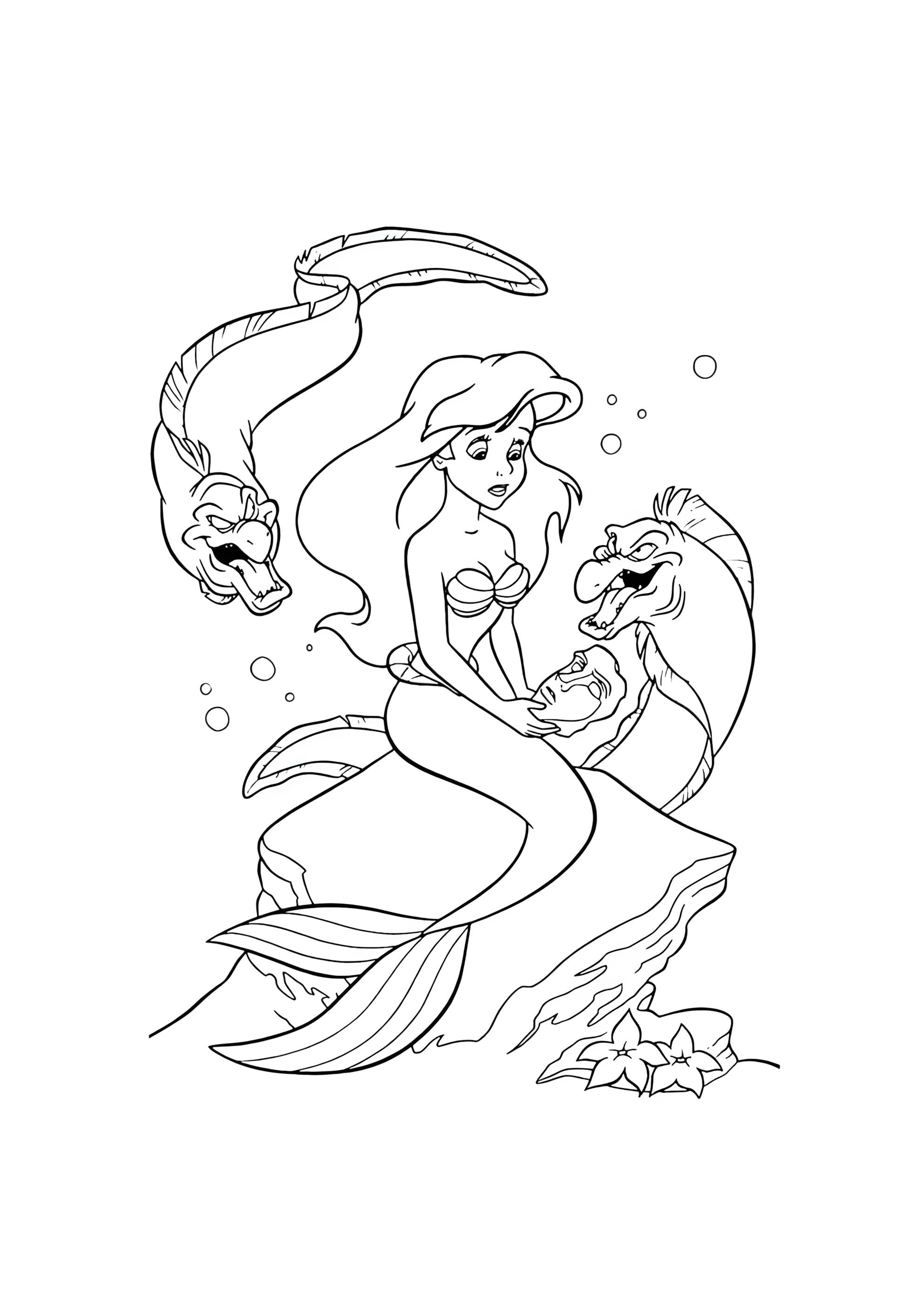 Раскраска Русалочка Ариэль и опасные рыбы