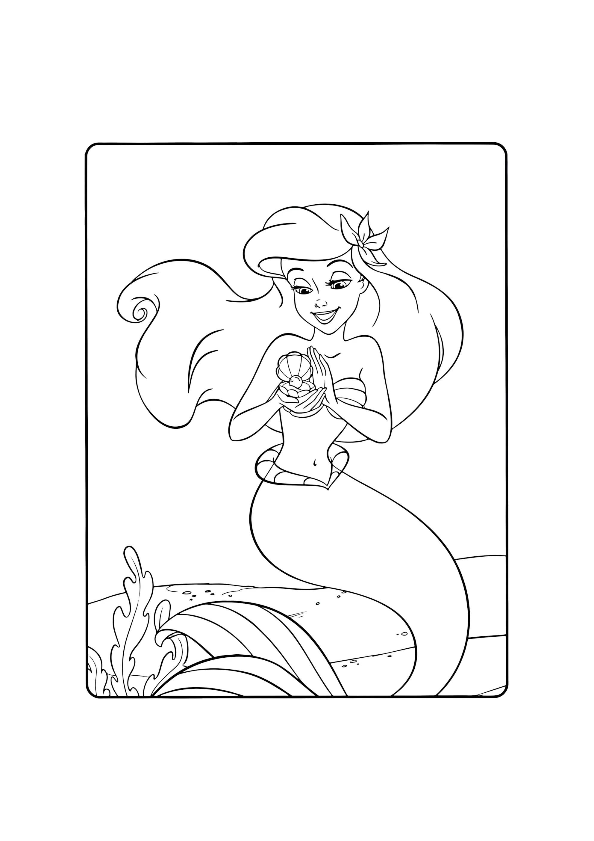 Раскраска Русалочка Ариэль и ракушка с жемчужиной