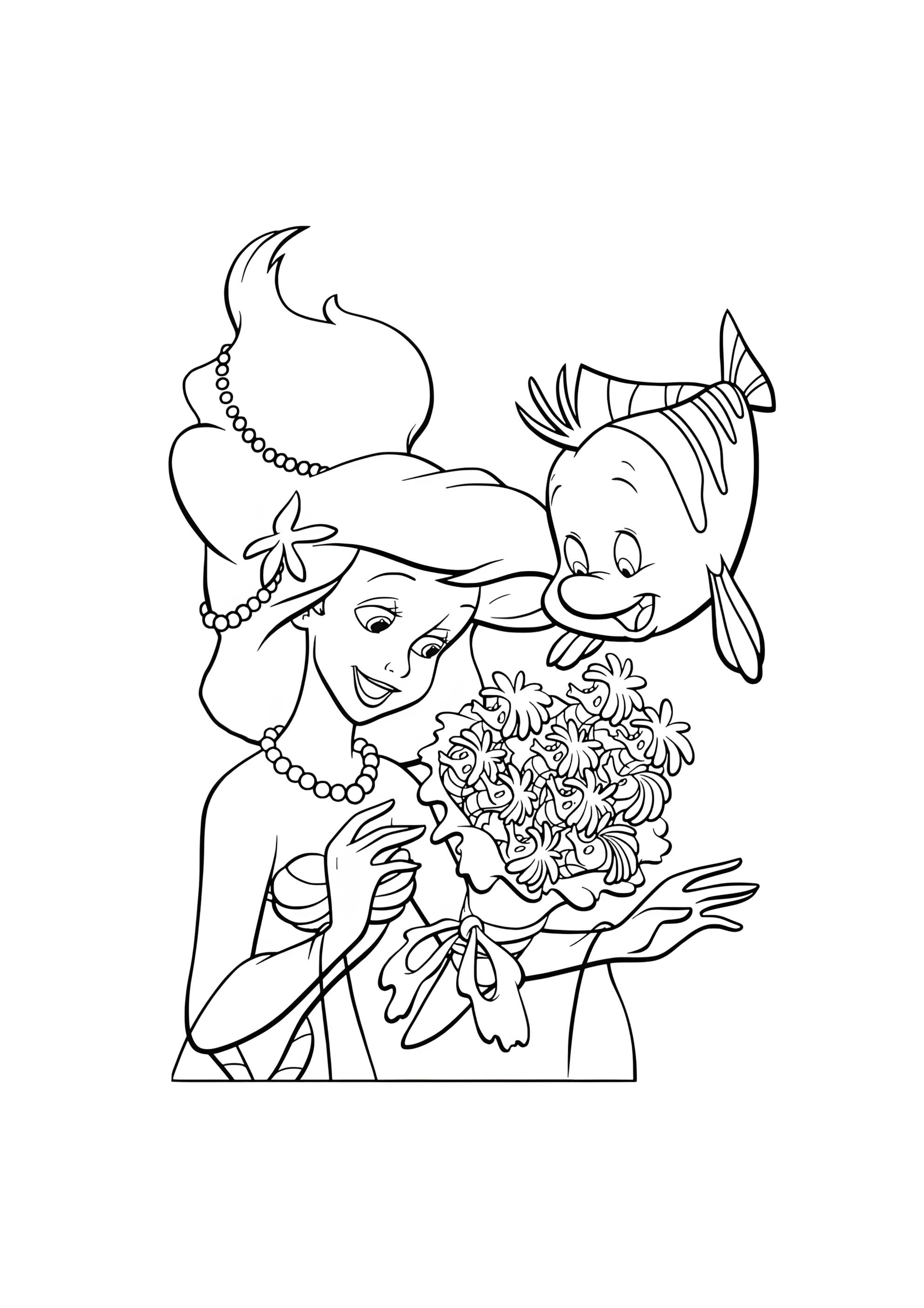 Раскраска Русалочка Ариэль и рыбка Флаундер