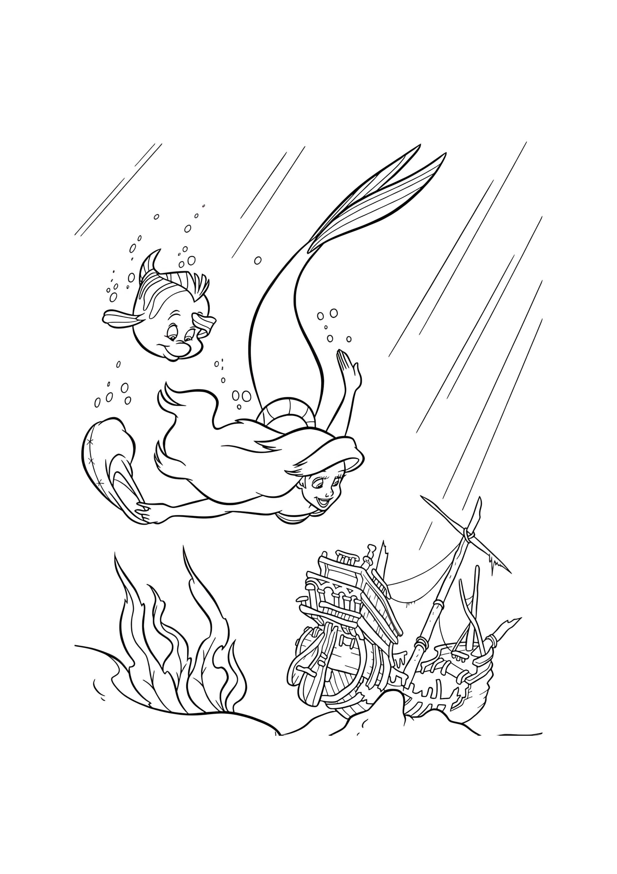 Раскраска Русалочка Ариэль нашли корабль на дне моря