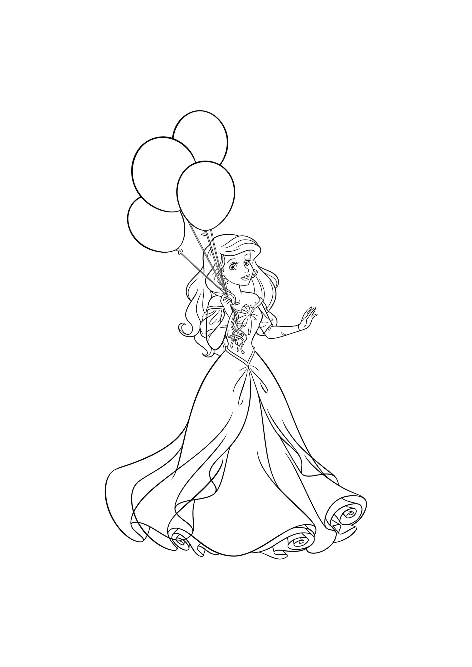 Раскраска Русалочка Ариэль принцесса в платье с шариками