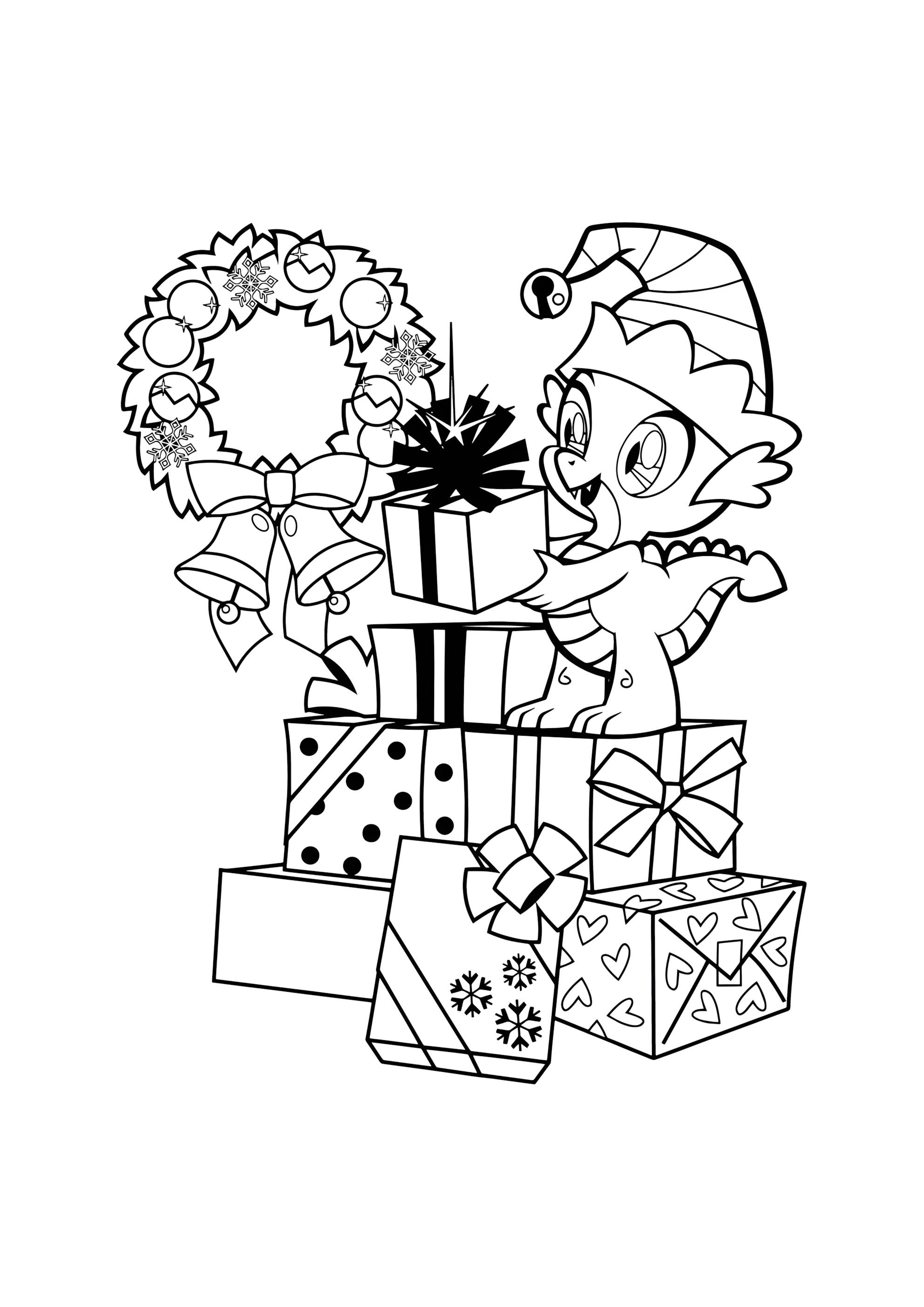 Раскраска Спайк и новогодние подарки