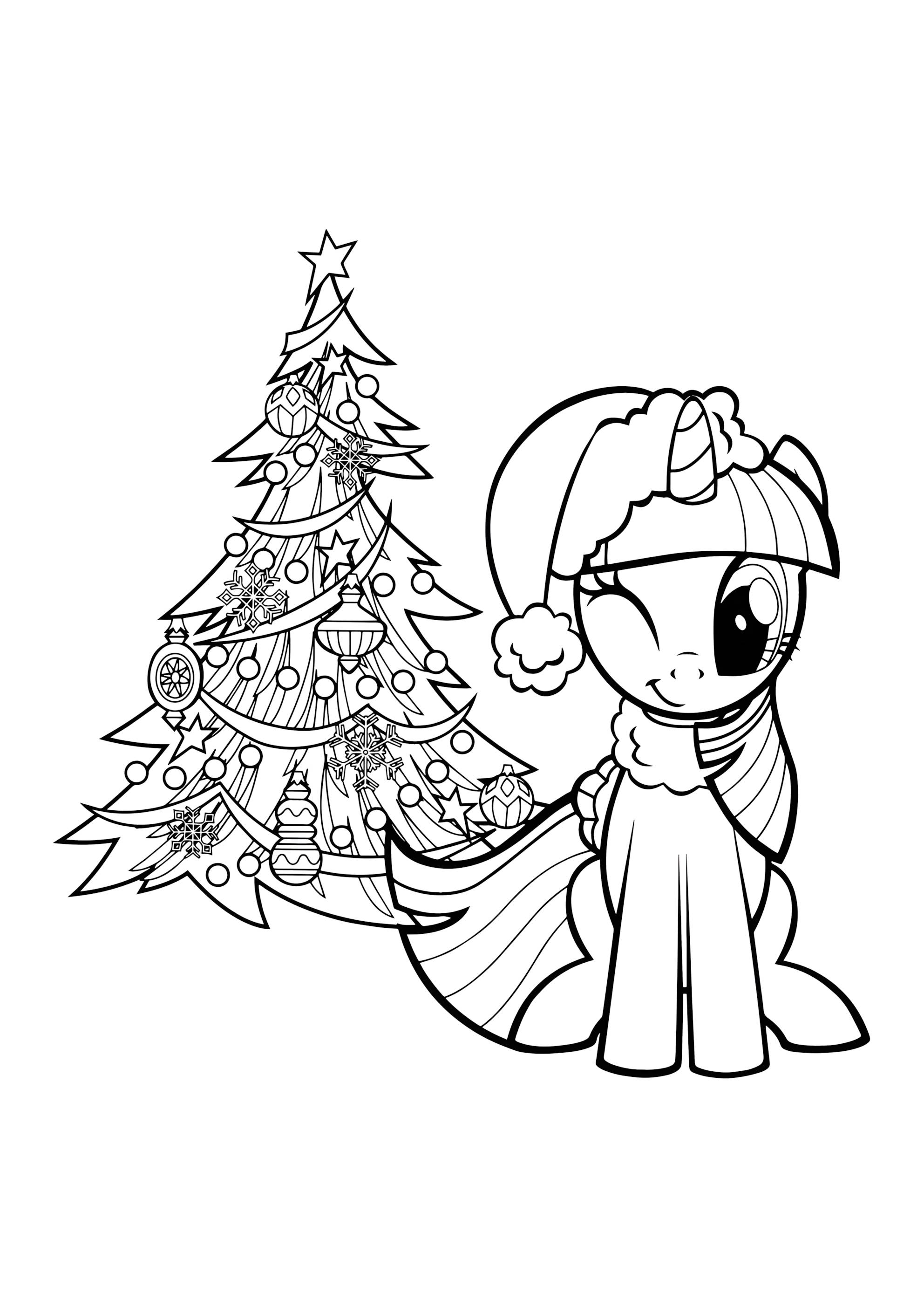 Раскраска Сумеречная Искорка и новогодняя ёлка