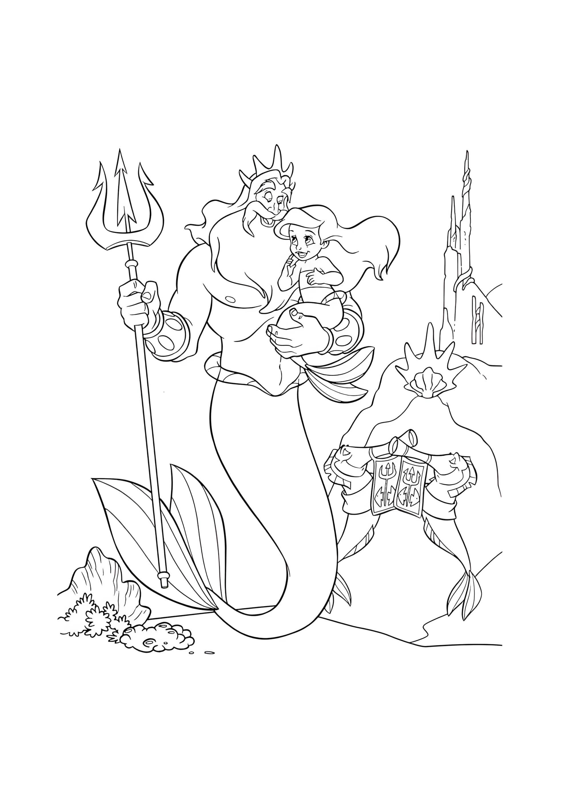 Раскраска Тритон и маленькая русалочка Ариэль