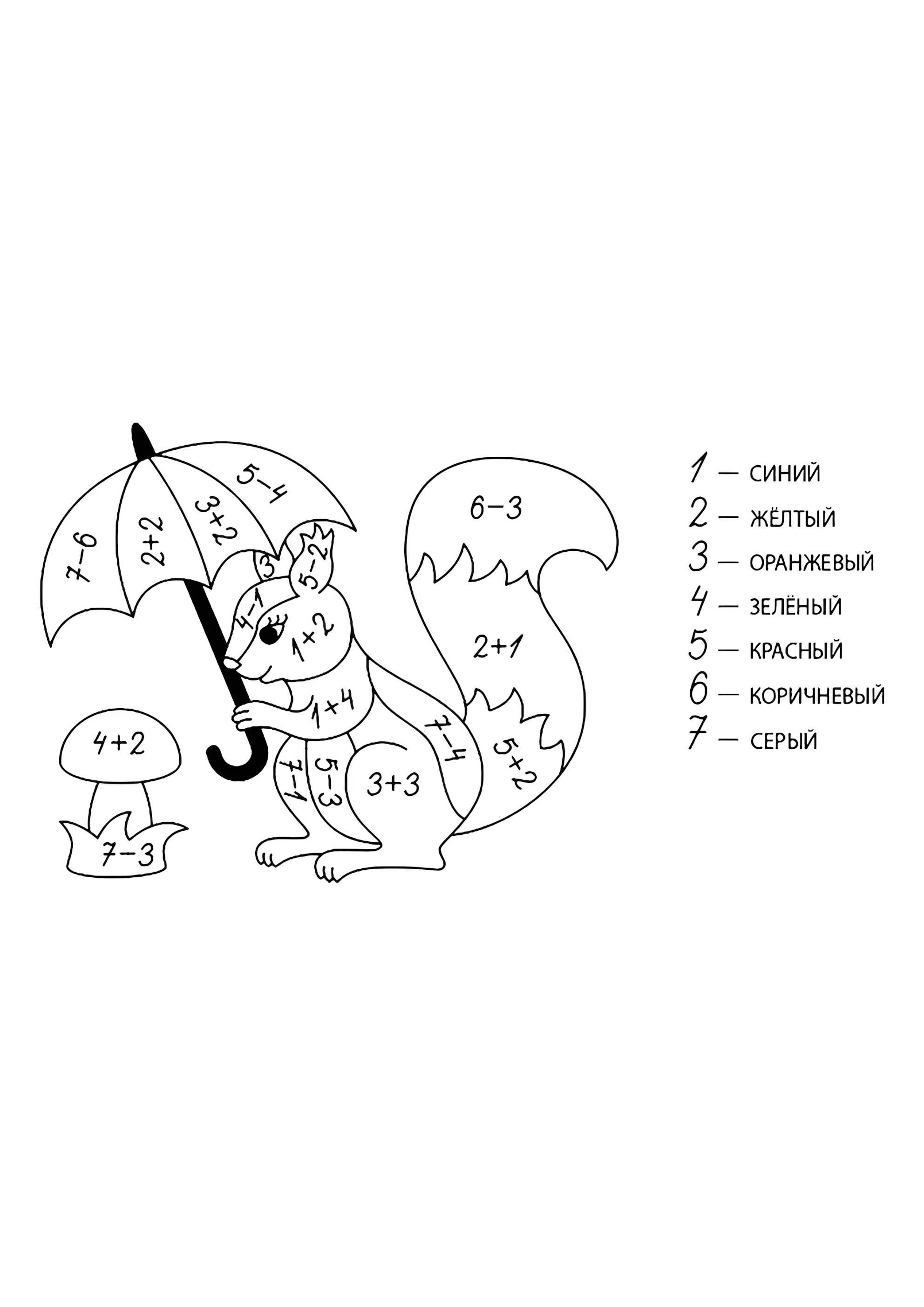 Раскраска Белочка и гриб (сложение и вычитание до 10)