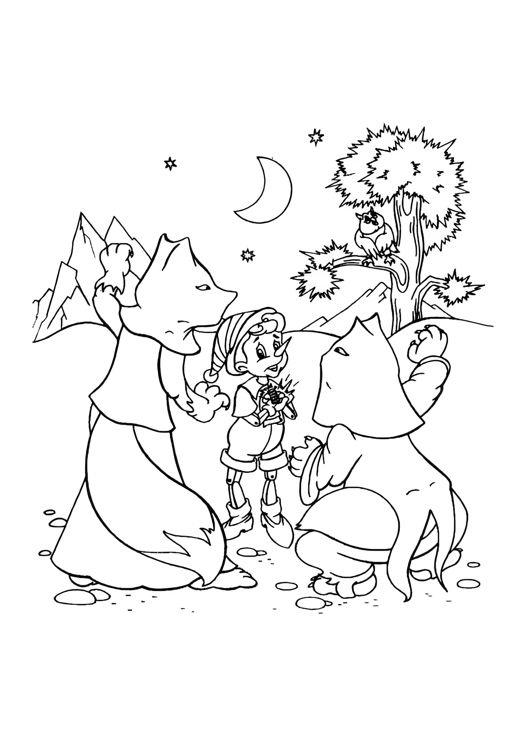 Раскраска Буратино и обманщики