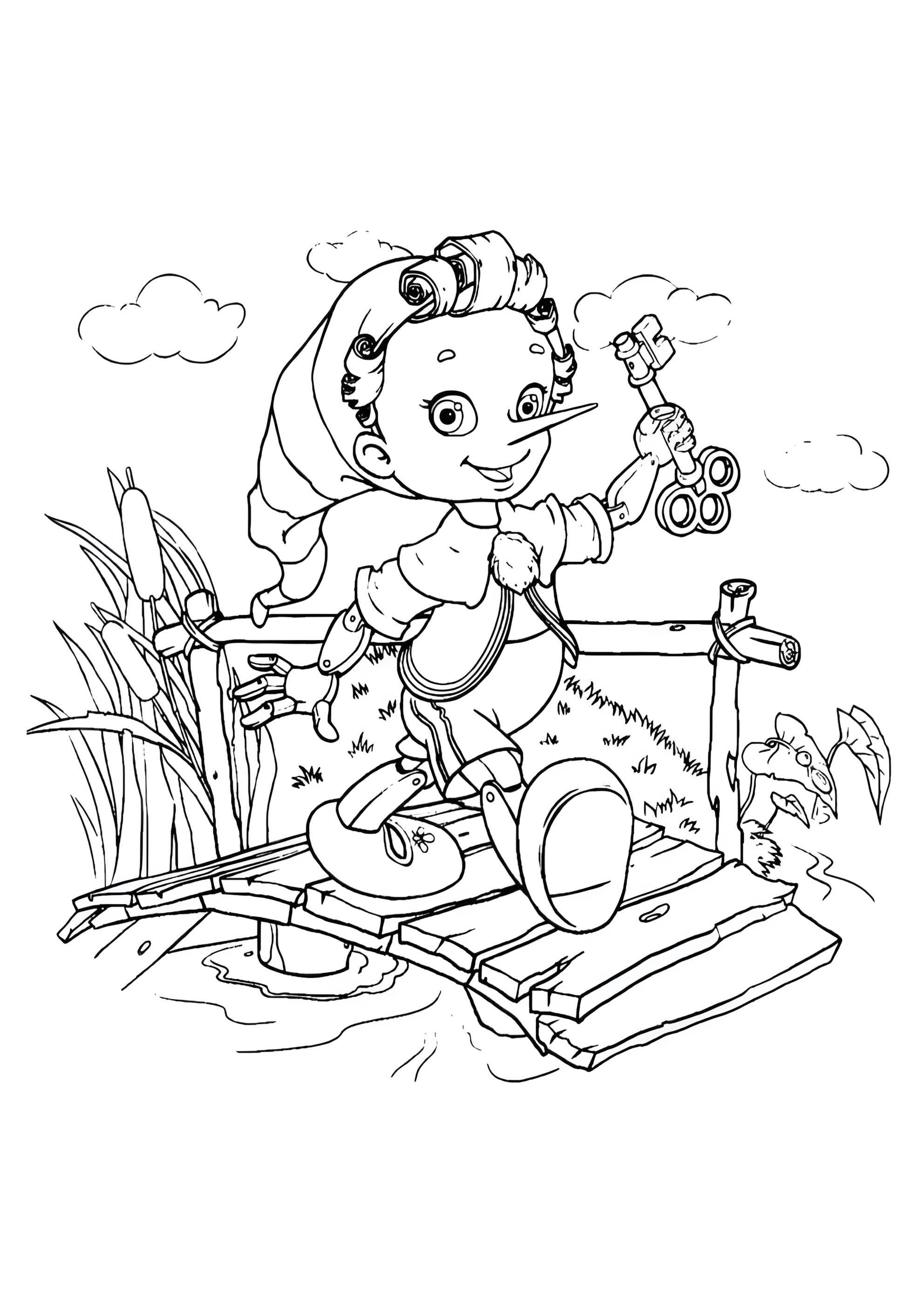 Раскраска Буратино идет по мосту