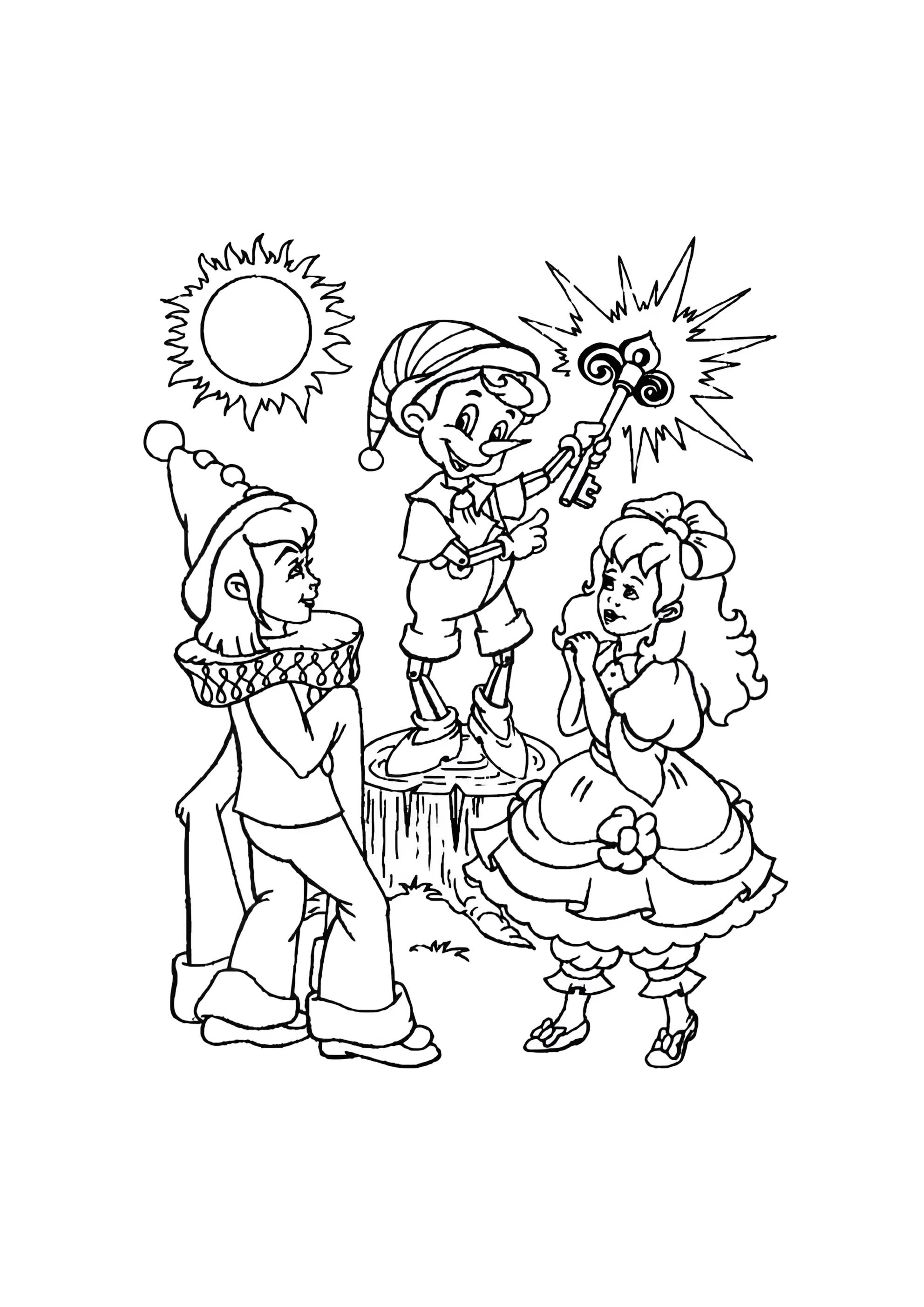 Раскраска Буратино, Мальвина и Пьеро