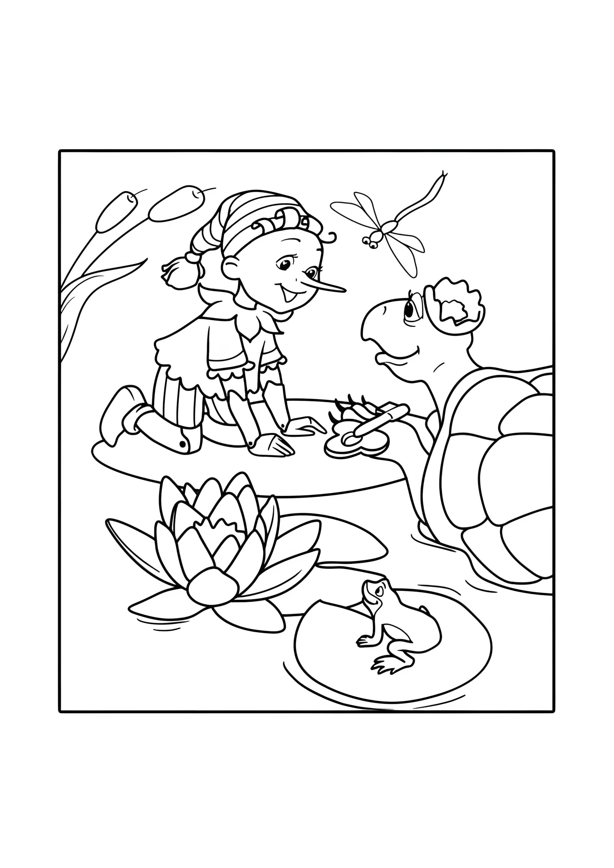 Раскраска Буратино с большой Черепахой