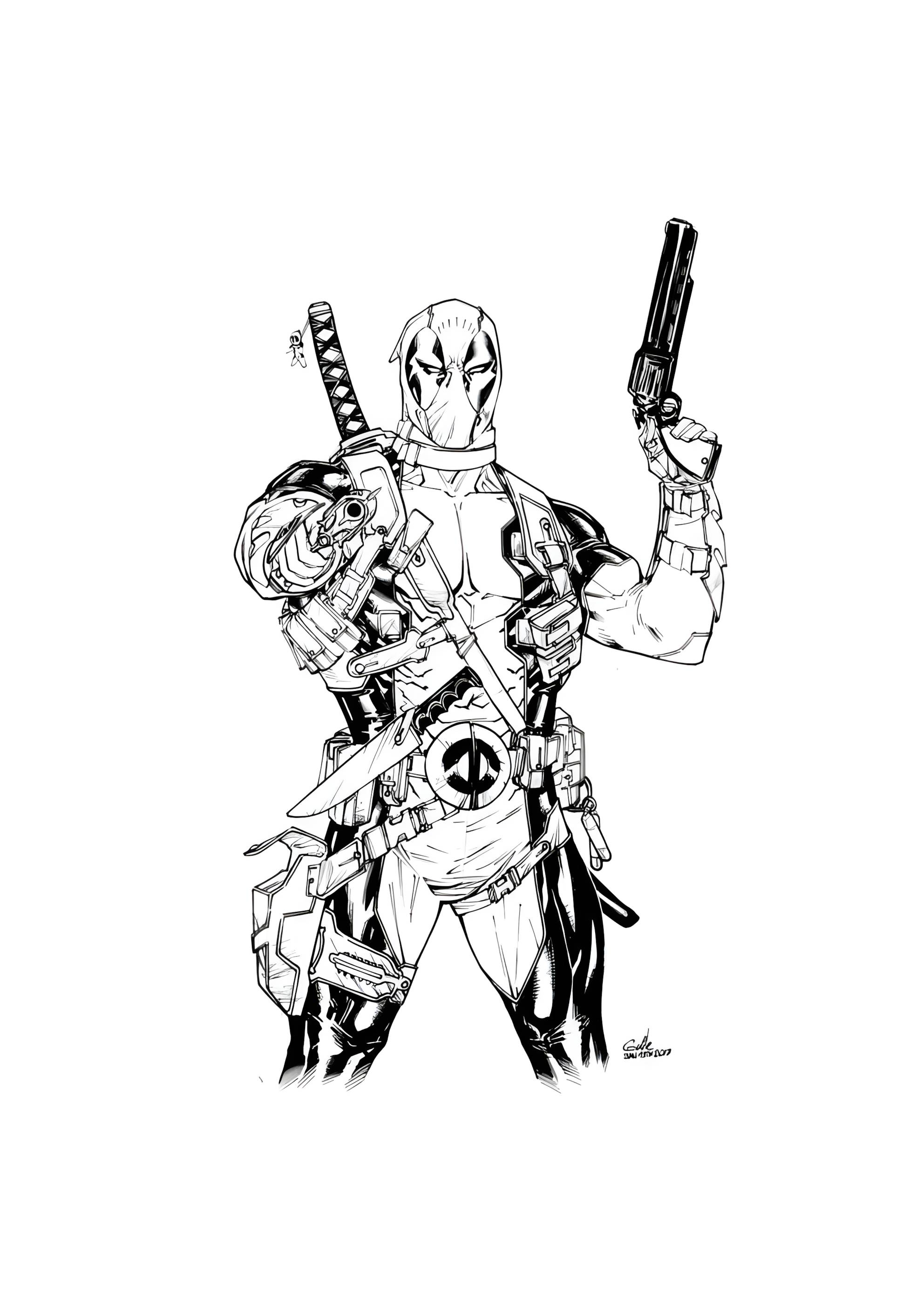 Раскраска Два пистолета у Дэдпула