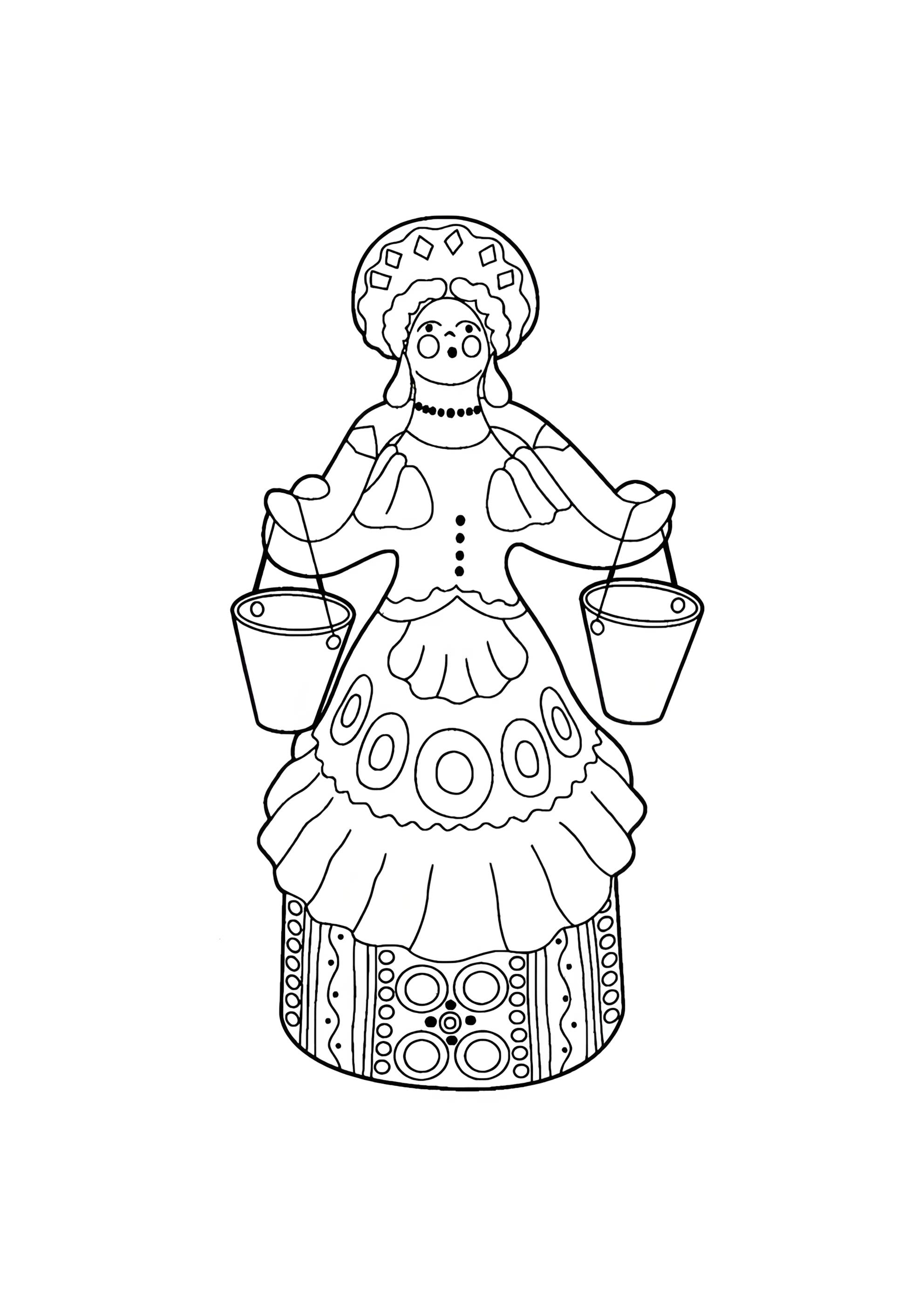 Раскраска Дымковская игрушка баба с коромыслом