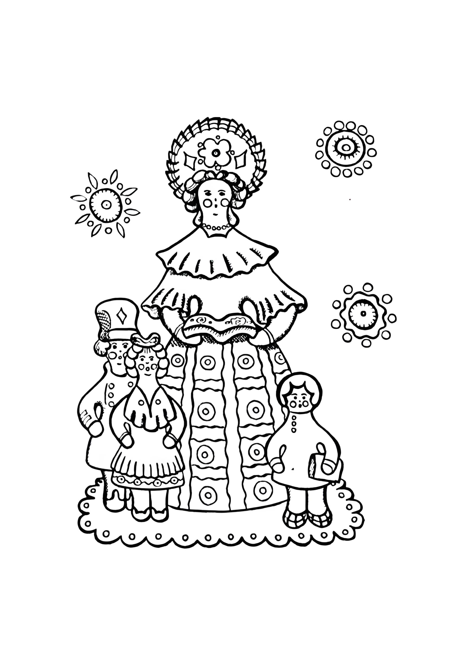 Раскраска Дымковская игрушка Барыня и дети
