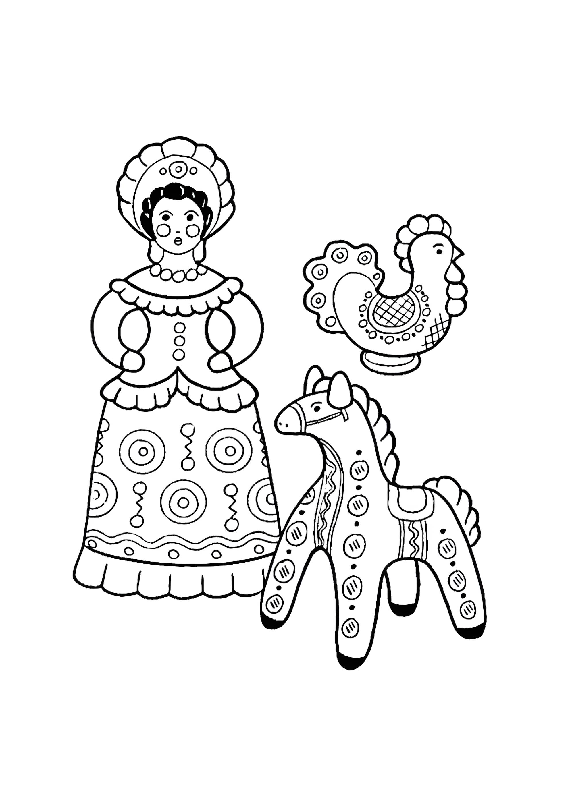 Раскраска Дымковская игрушка барыня и лошадка