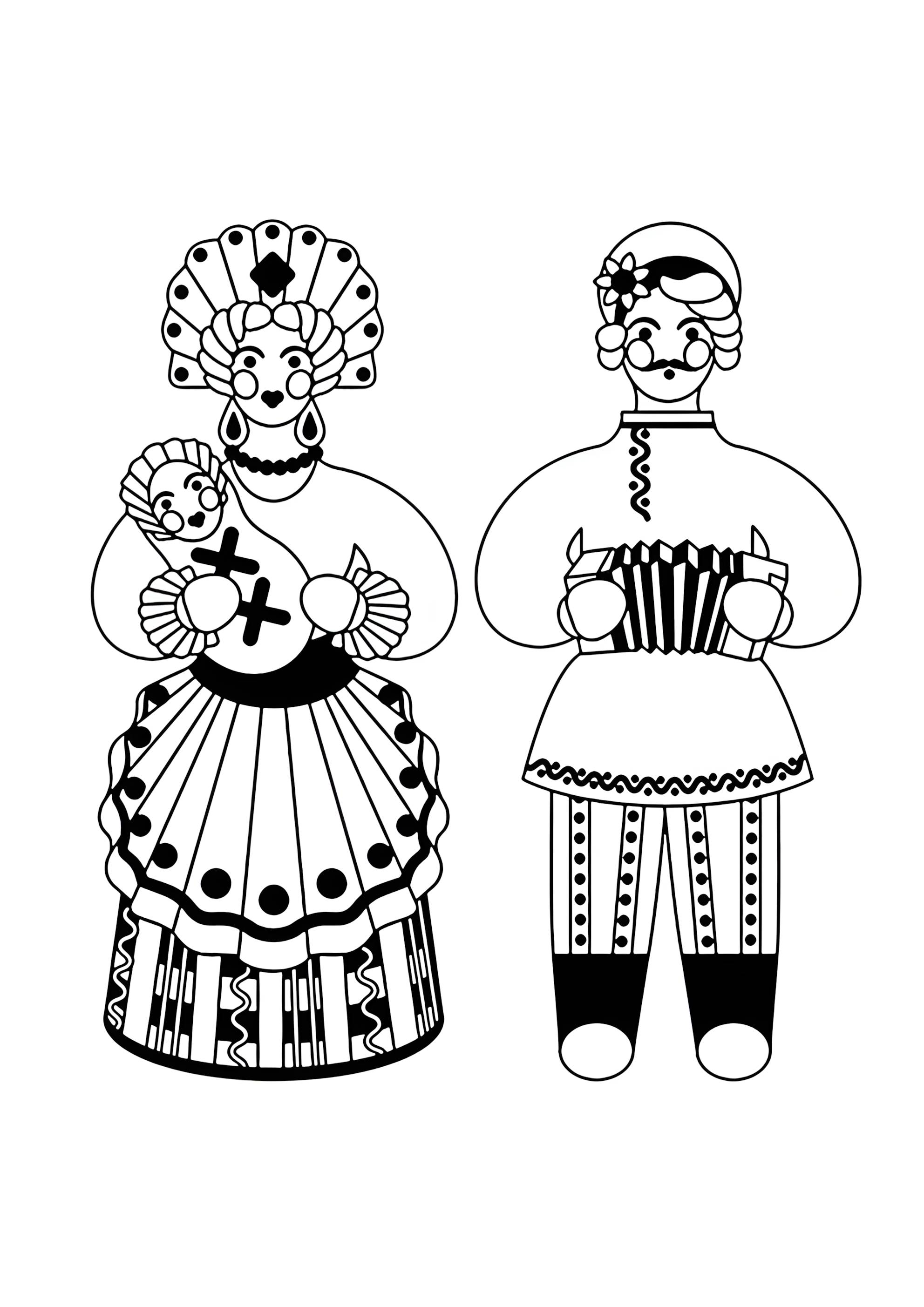 Раскраска Дымковская игрушка муж и жена