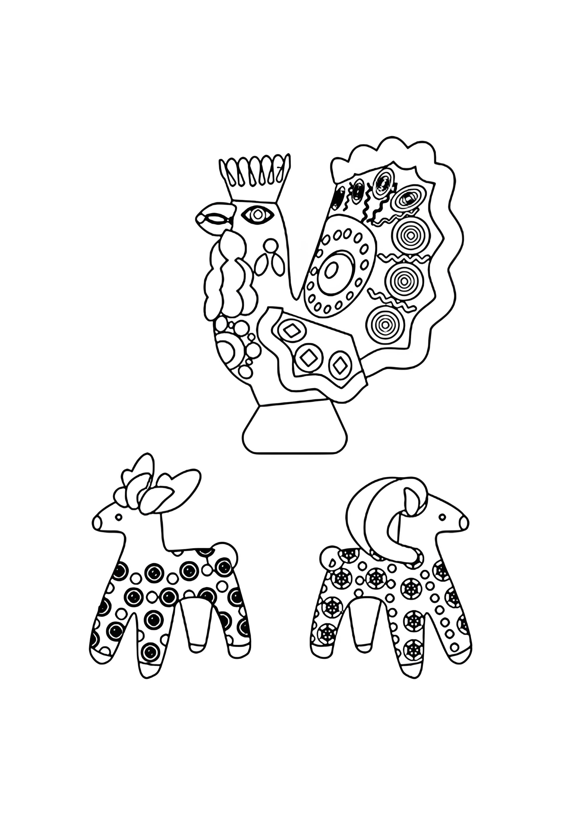 Раскраска Дымковская игрушка птица и козлики