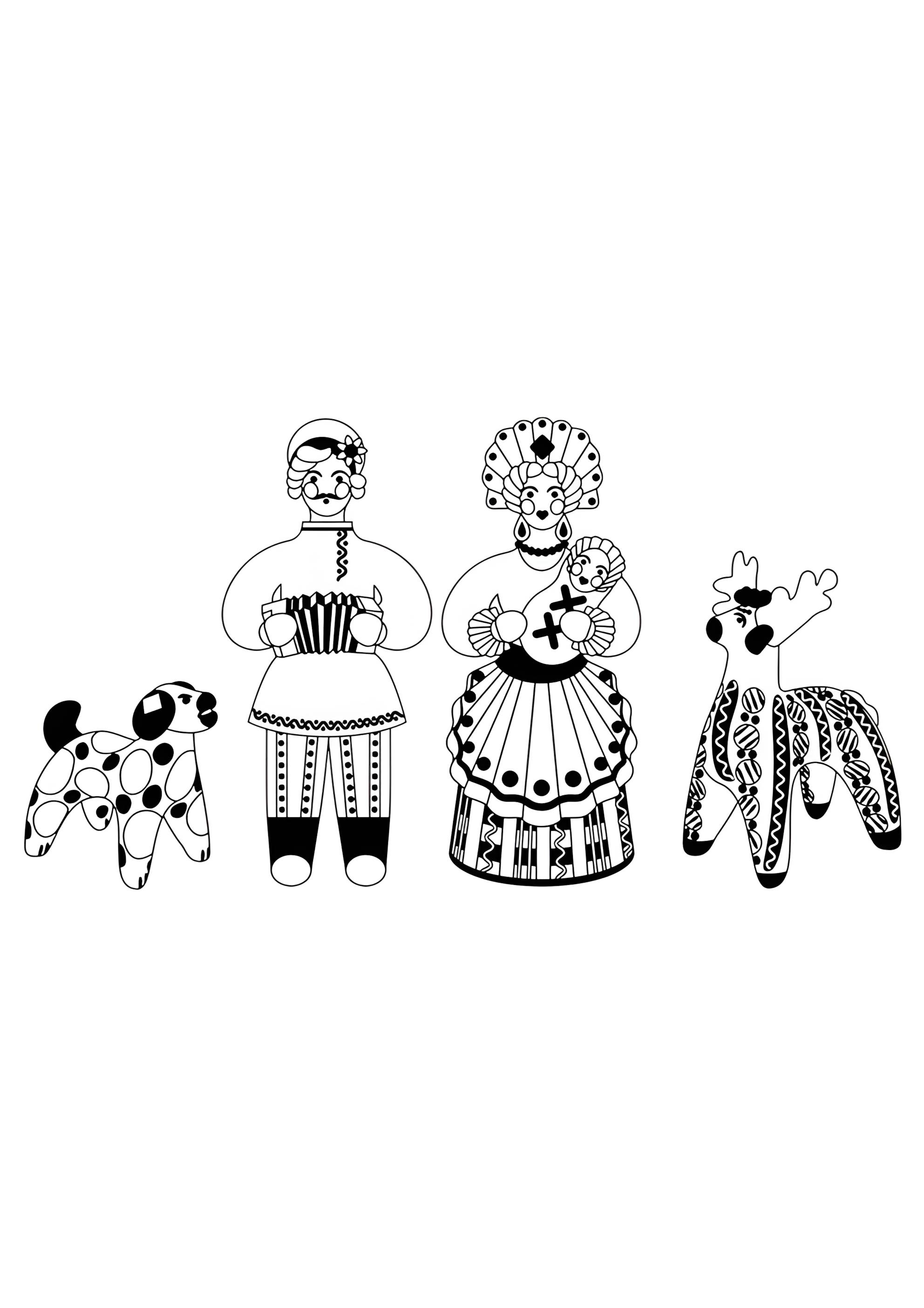 Раскраска Дымковская игрушка семья