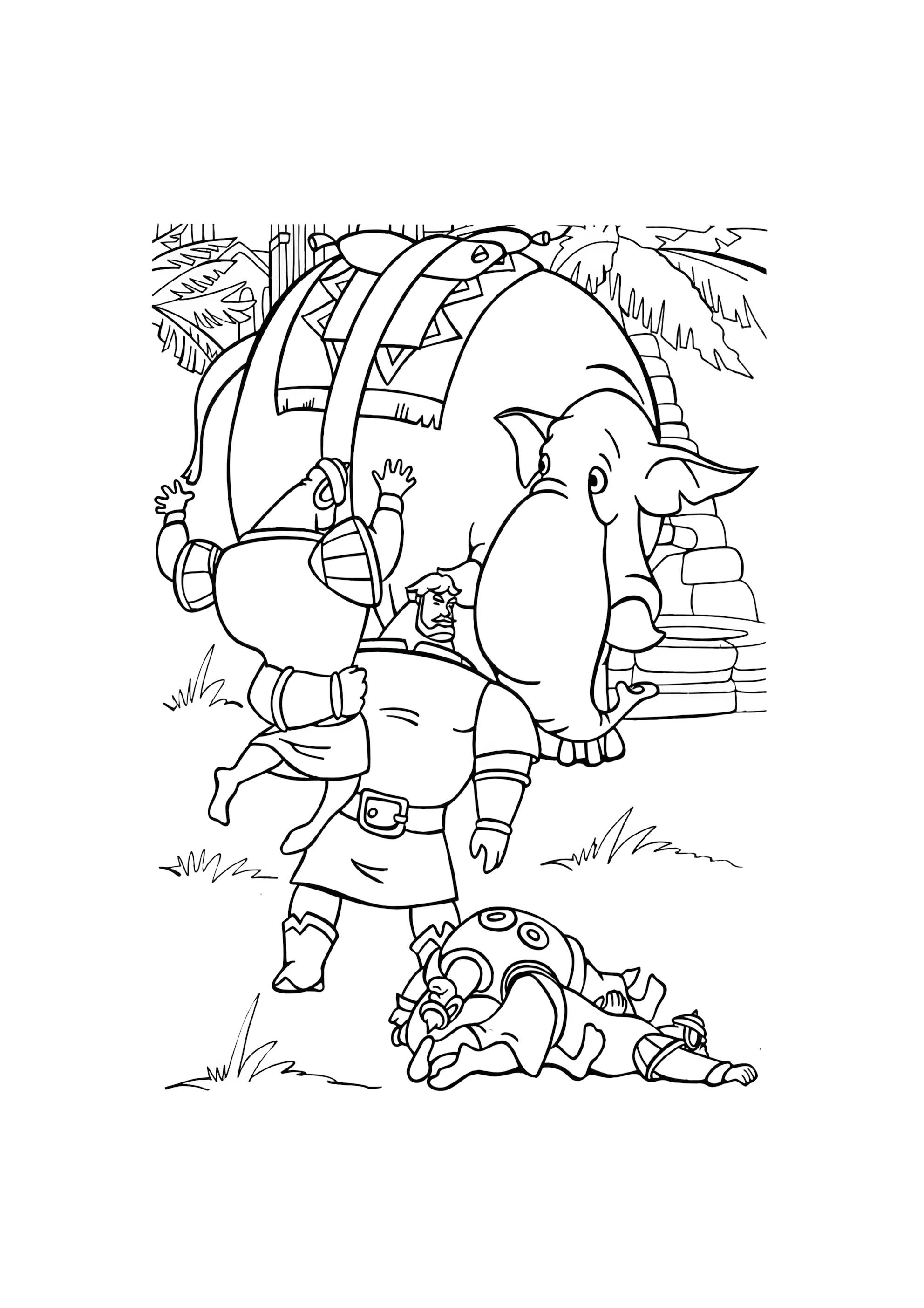 Раскраска Илья Муромец поднял слона