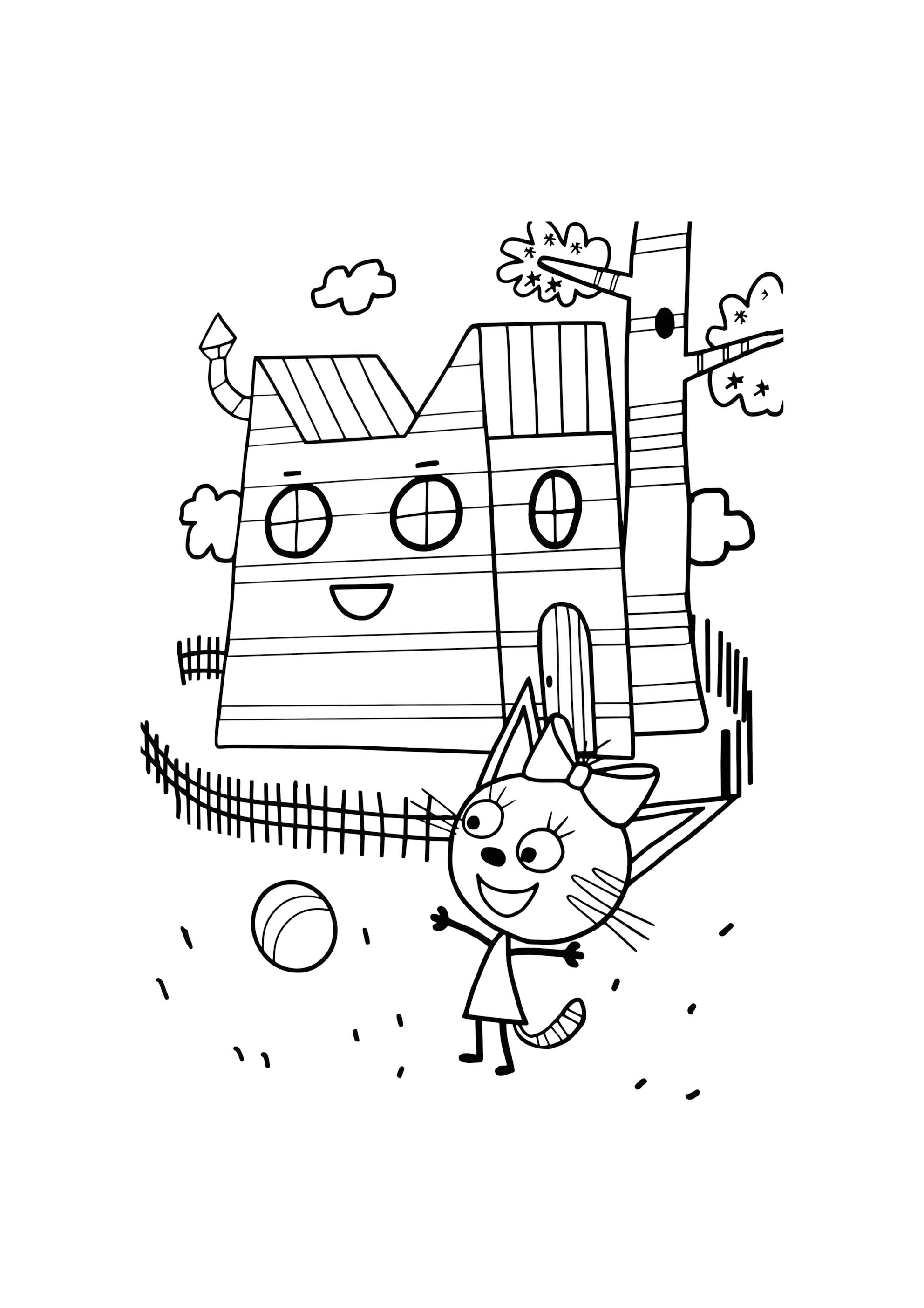 Раскраска Карамелька играет в мяч около дома