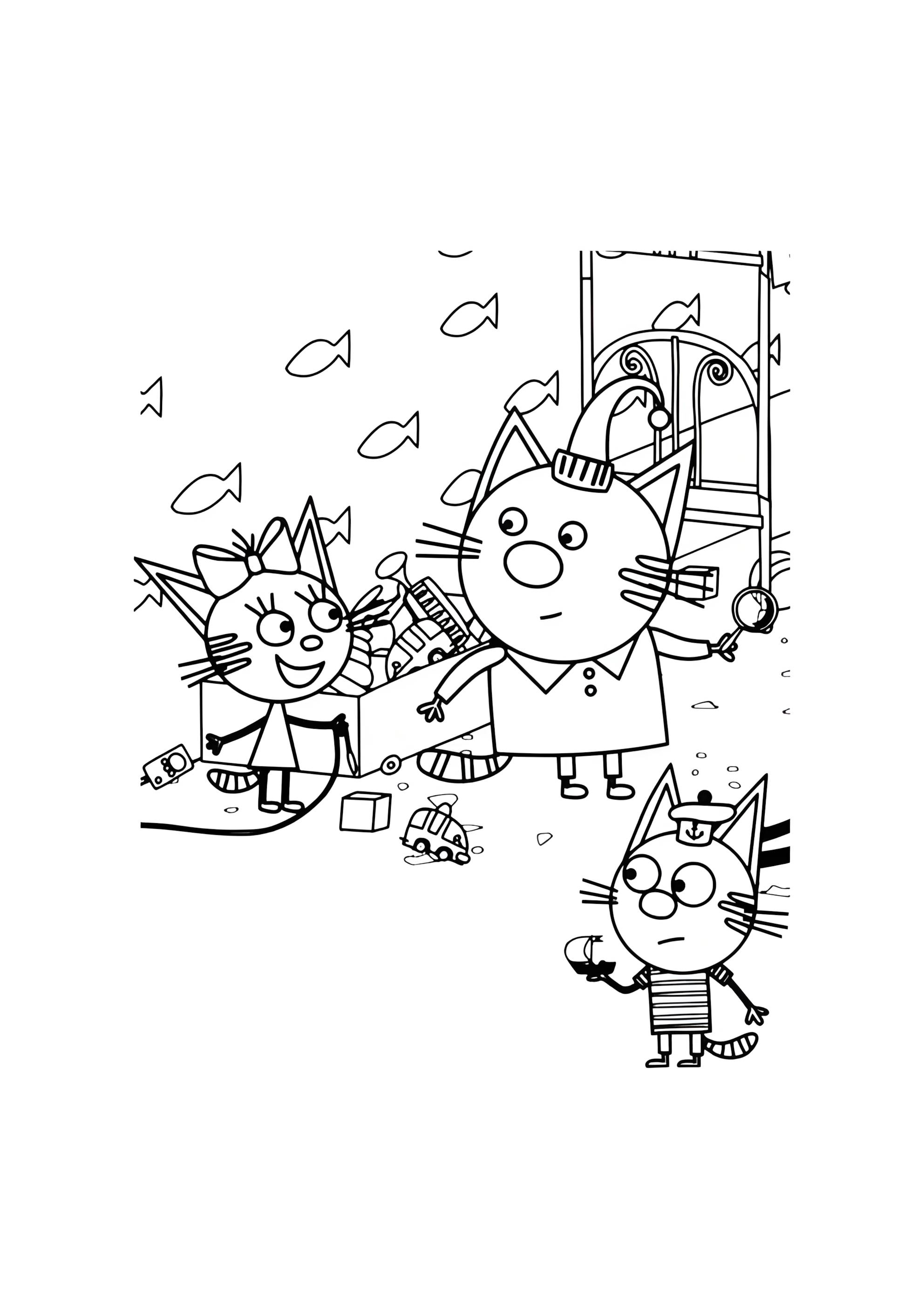 Раскраска Карамелька, Компот и Коржик играют