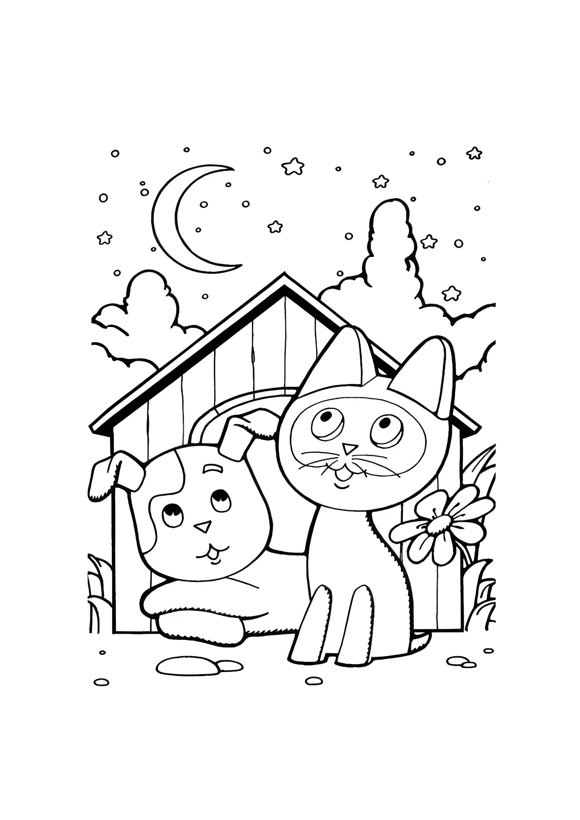Раскраска Котенок по имени Гав и Шарик луна