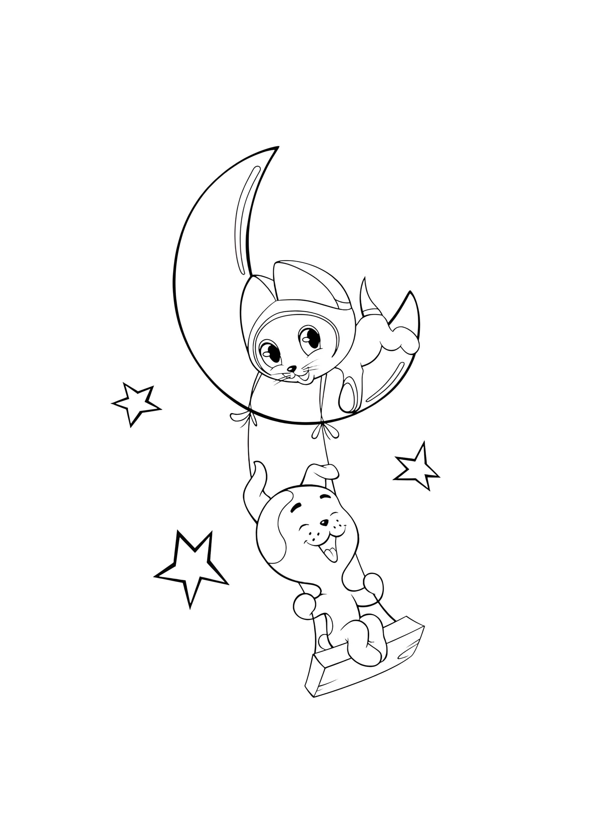 Раскраска Котенок по имени гав с щенком Шариком на луне