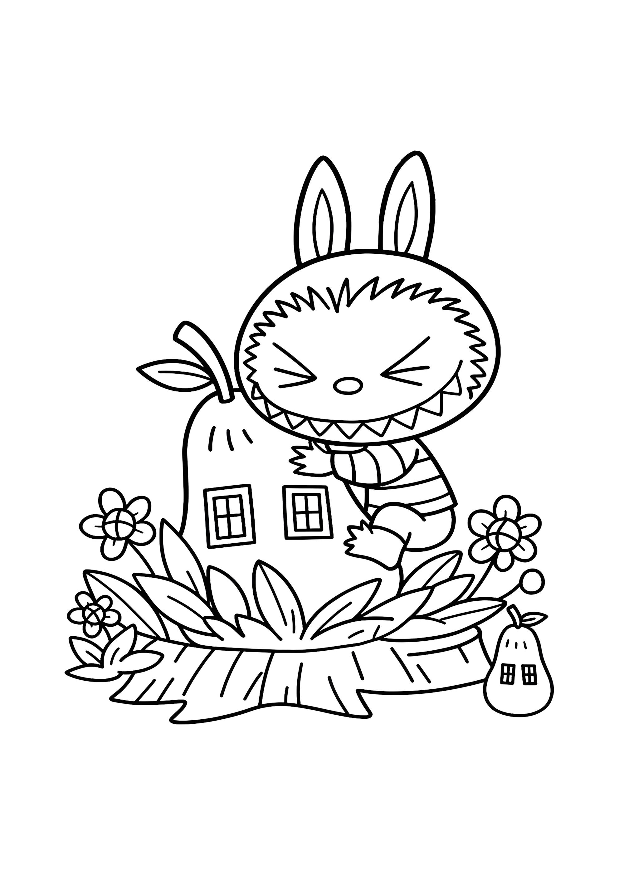 Раскраска Лабубу и домик груша