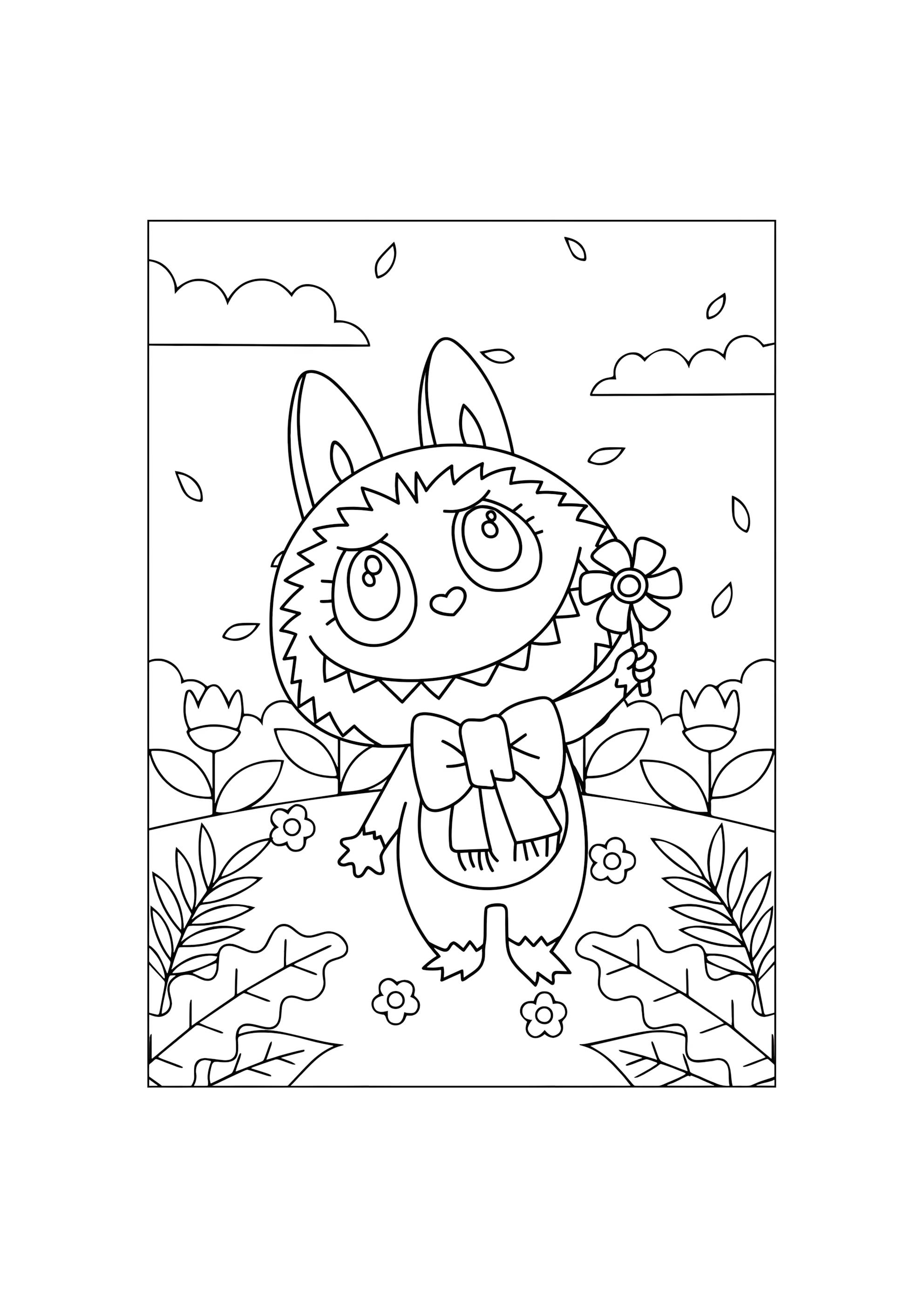 Раскраска Лабубу на лугу с цветочком
