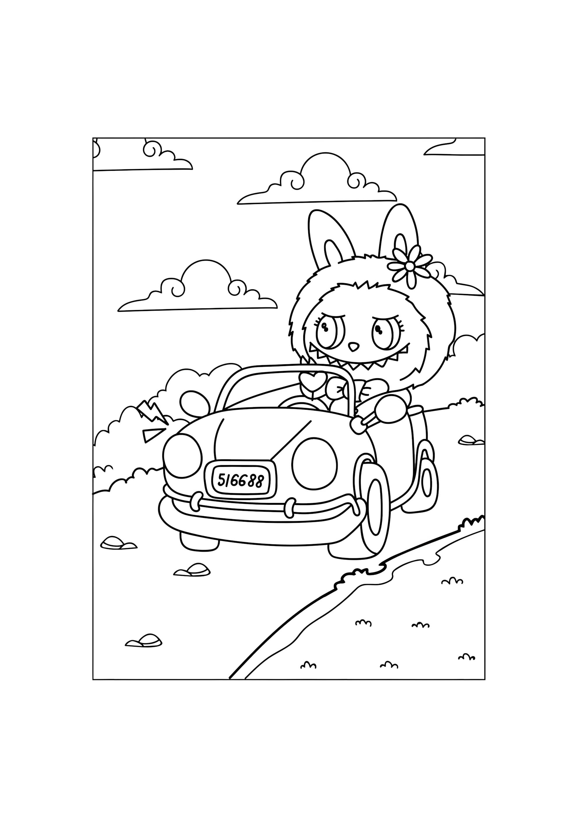 Раскраска Лабубу на машине