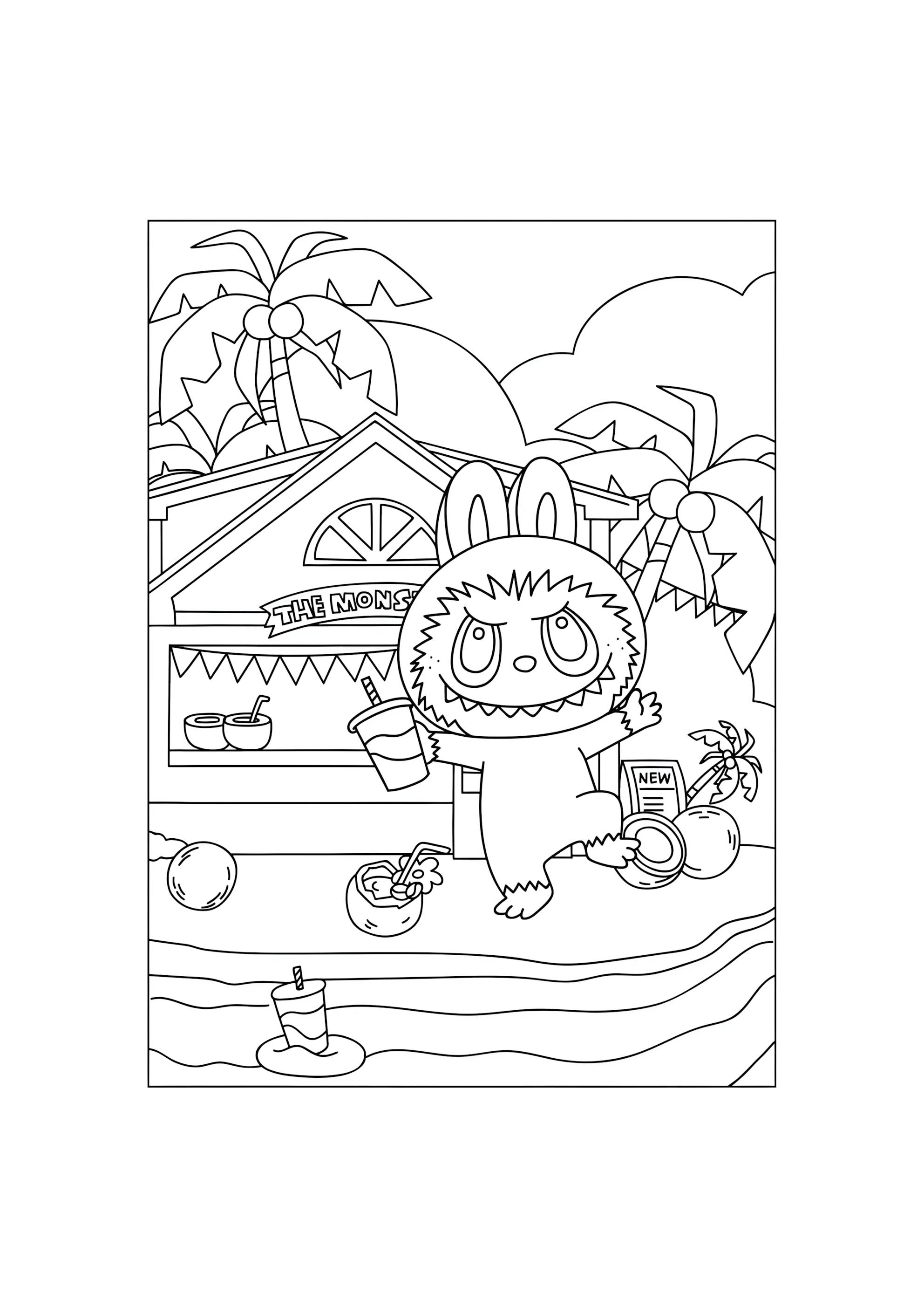 Раскраска Лабубу на пляже с кокосами