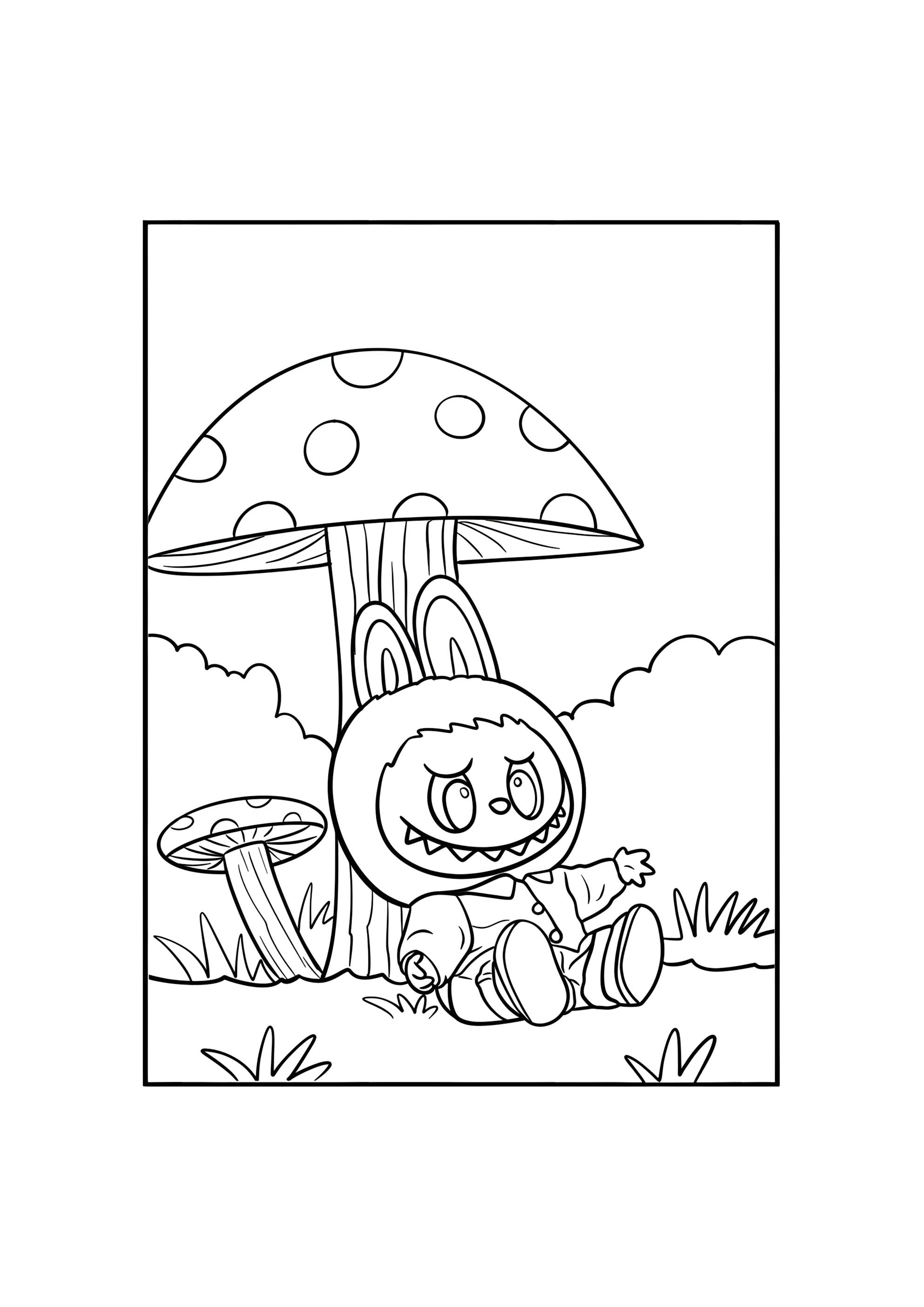 Раскраска Лабубу под грибом