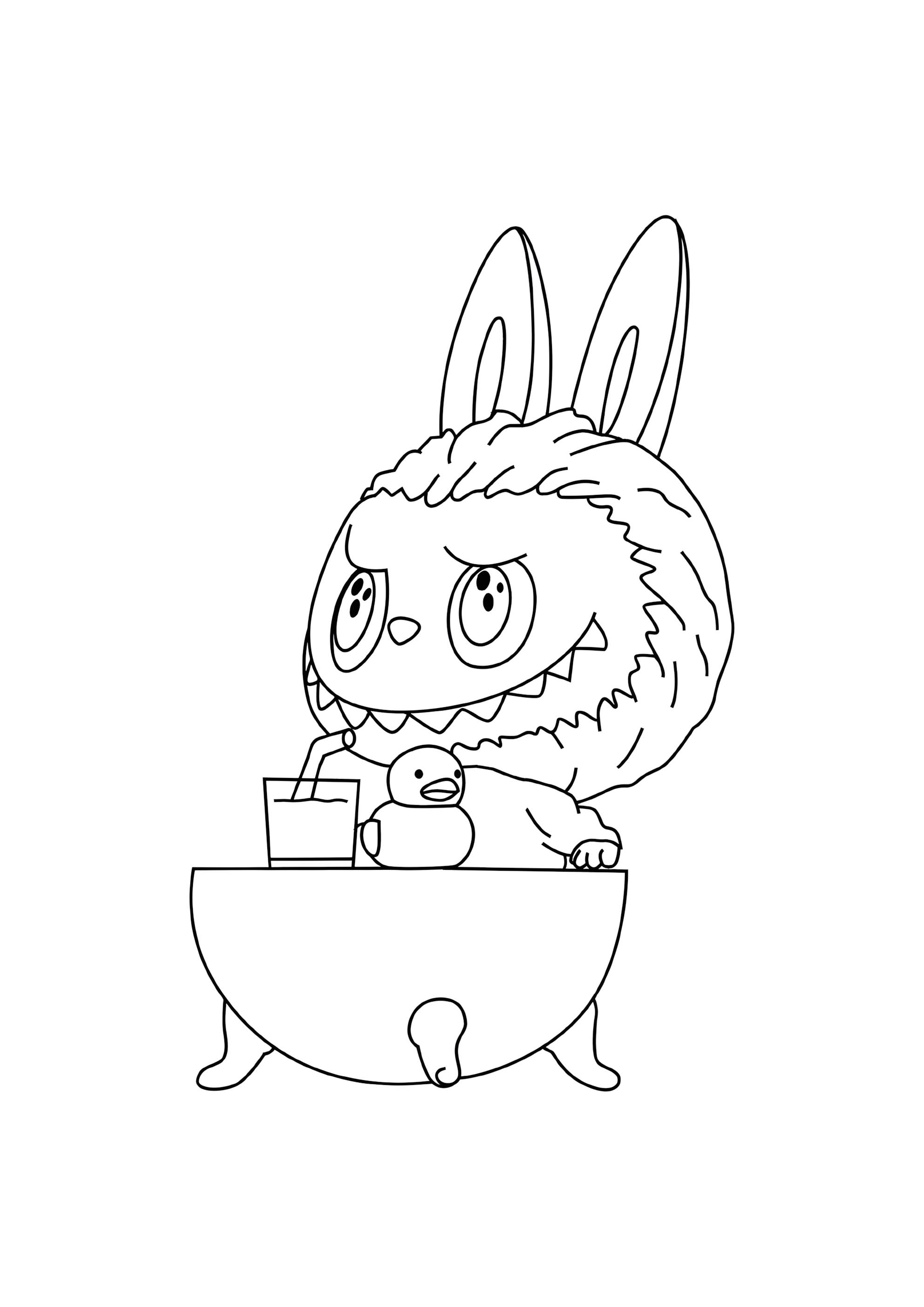 Раскраска Лабубу в ванной с уточкой