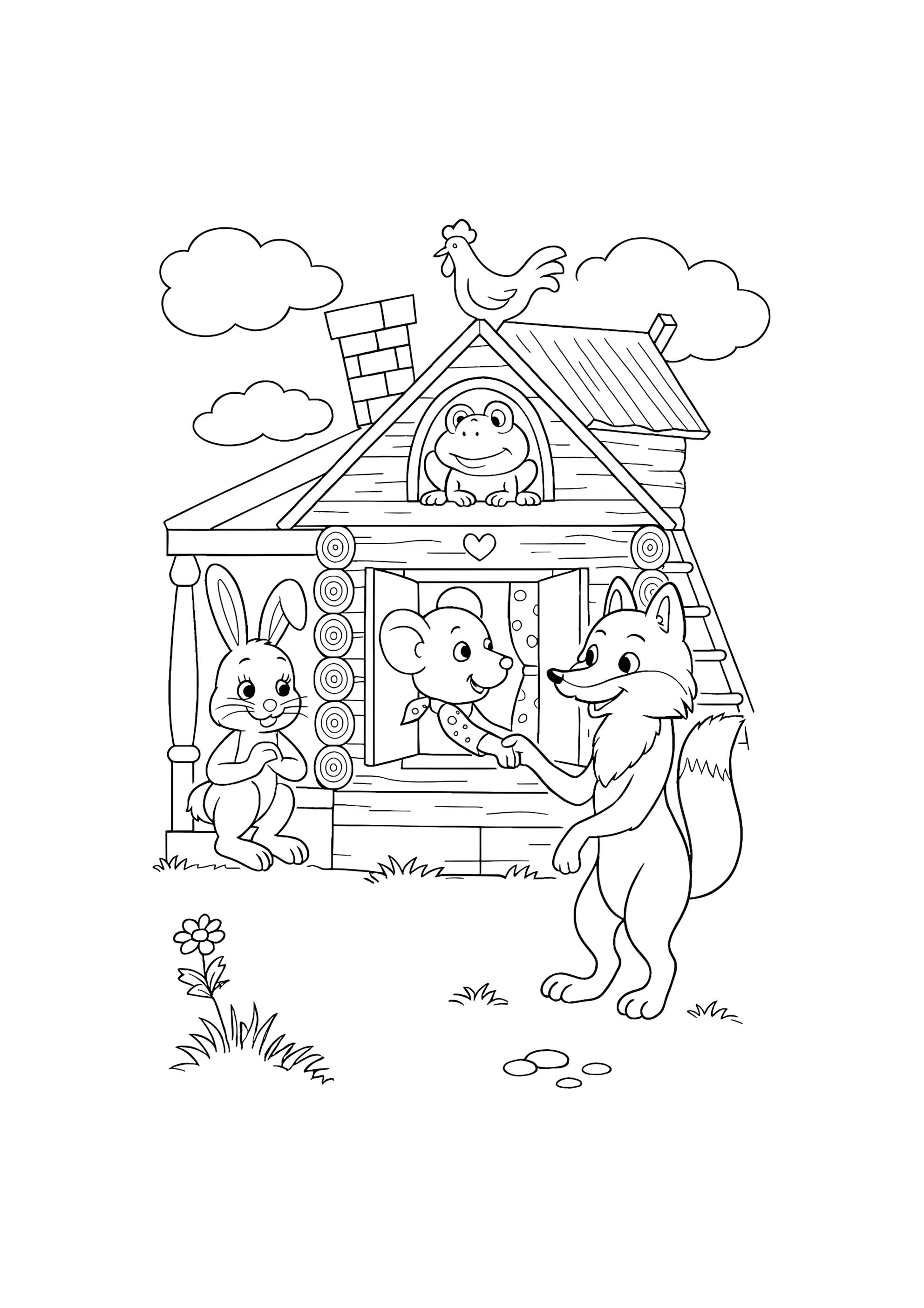 Раскраска Лисичка нашла теремок