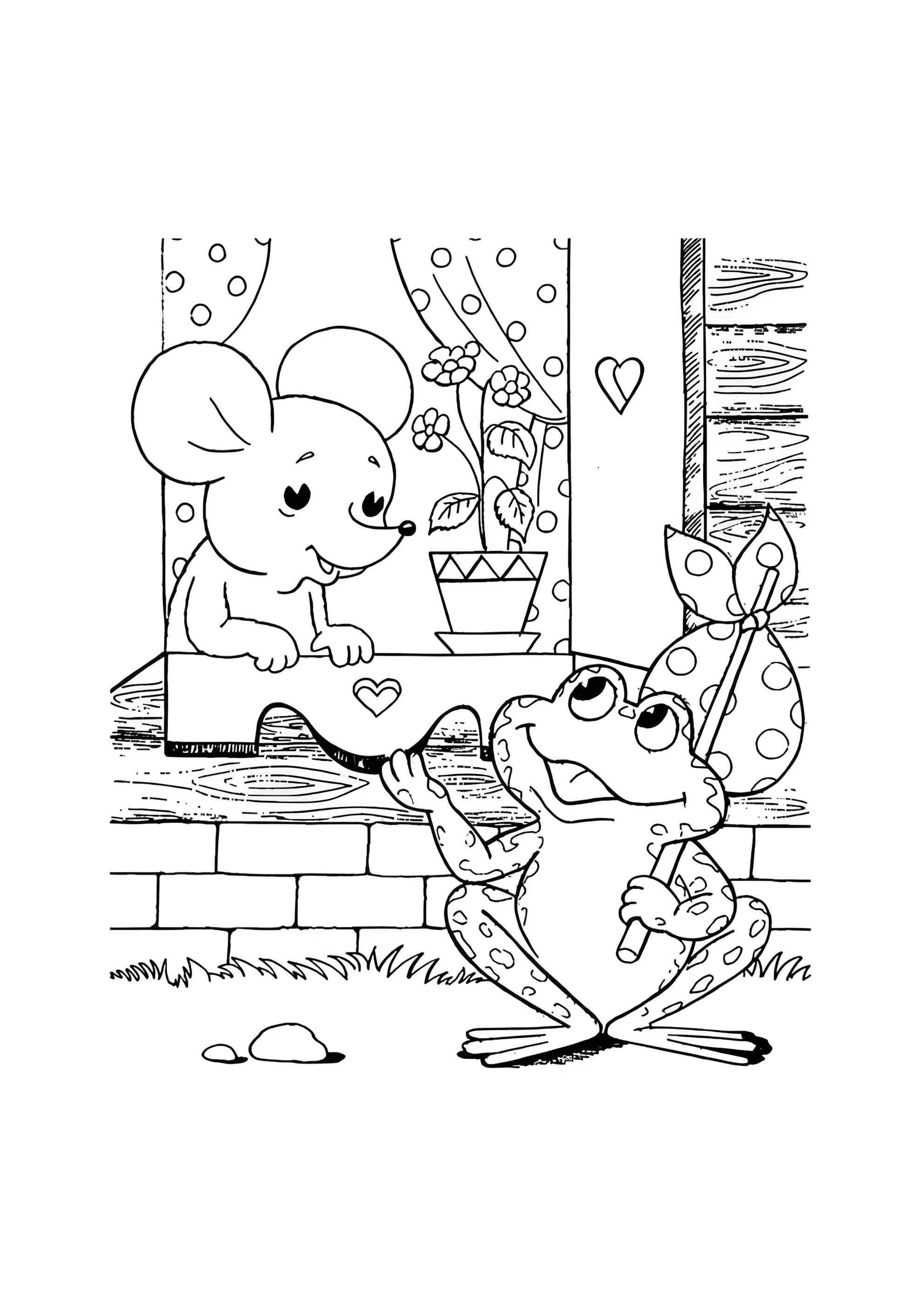 Раскраска Лягушка и Мышка теремок