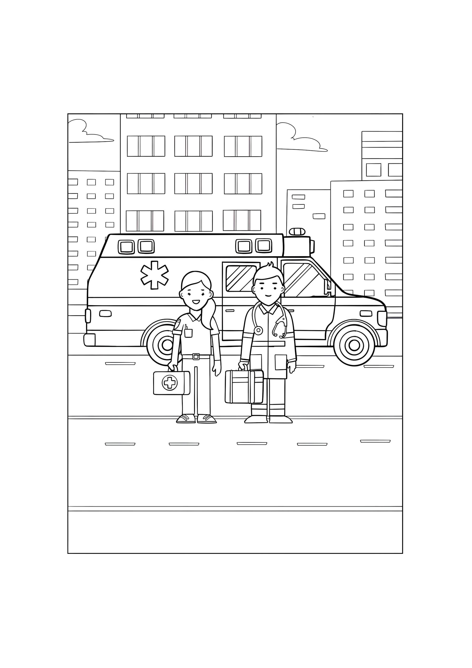 Раскраска Машина скорой помощи и парамедики