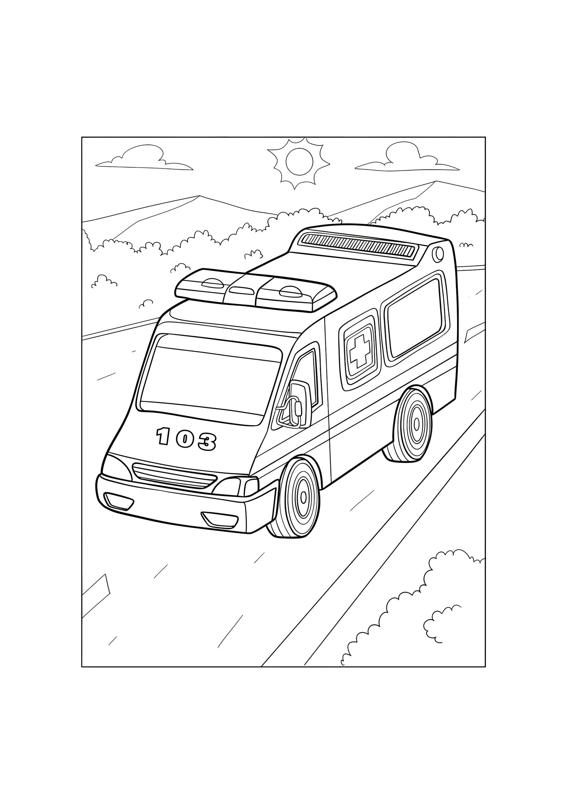 Раскраска Машина скорой помощи на дороге