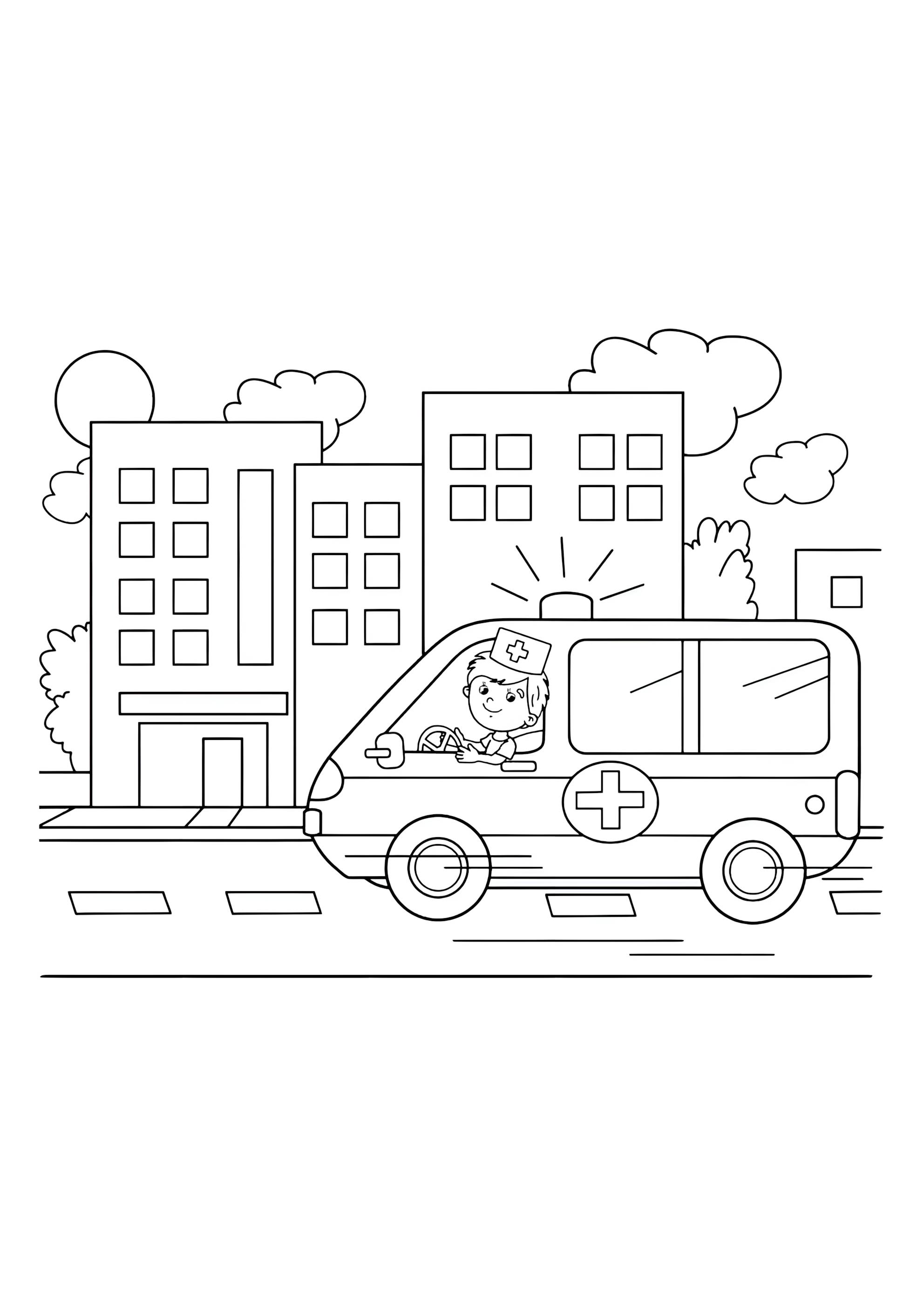 Раскраска Машина скорой помощи в городе
